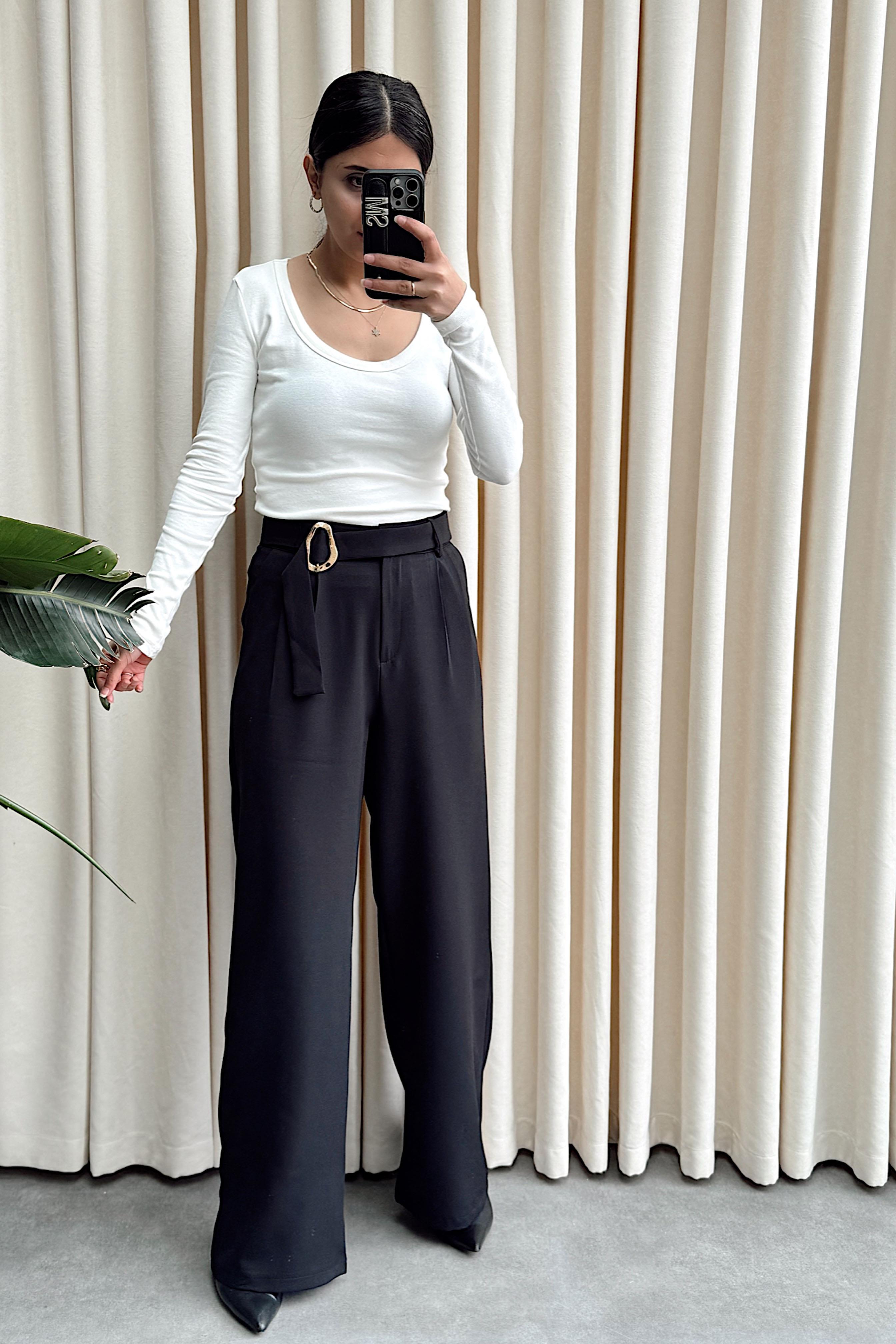 Gold Toka Detaylı Palazzo Pantolon Siyah