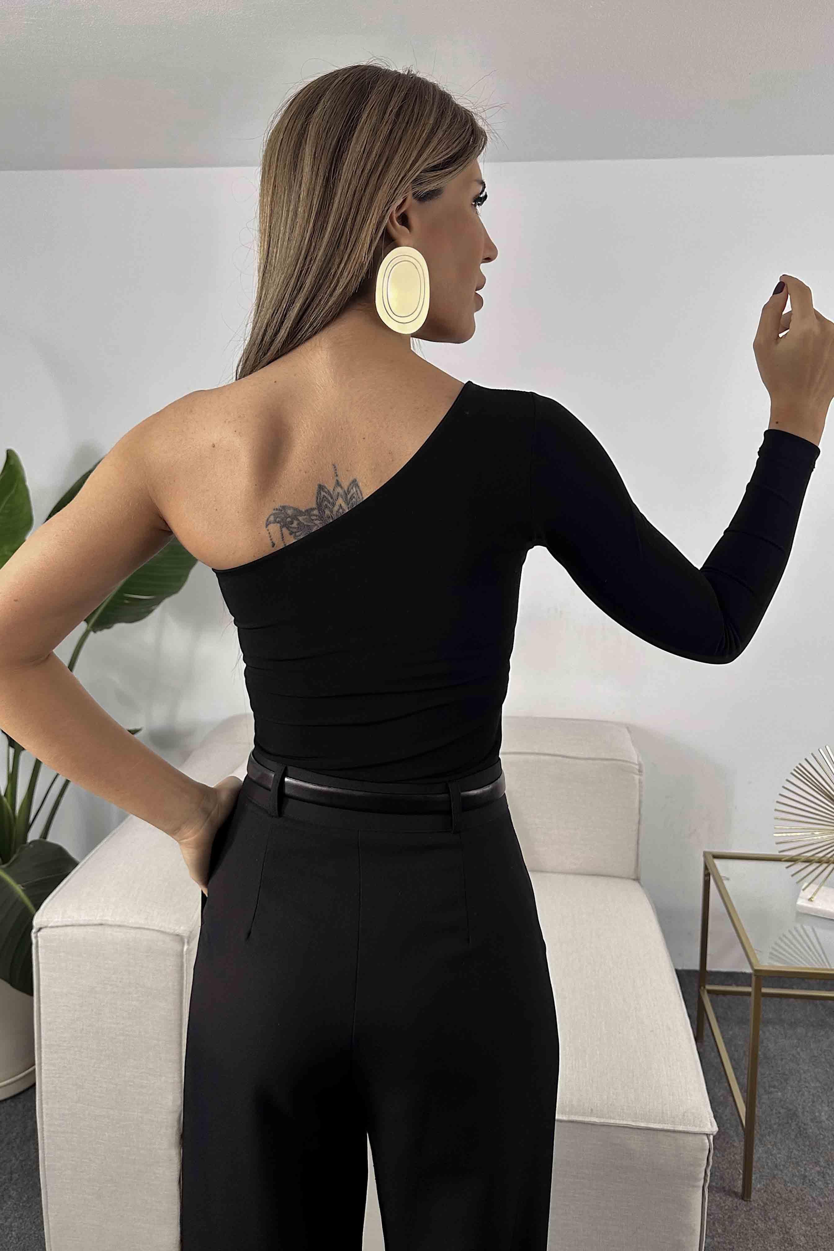 Gül Detaylı Bodysuit Siyah