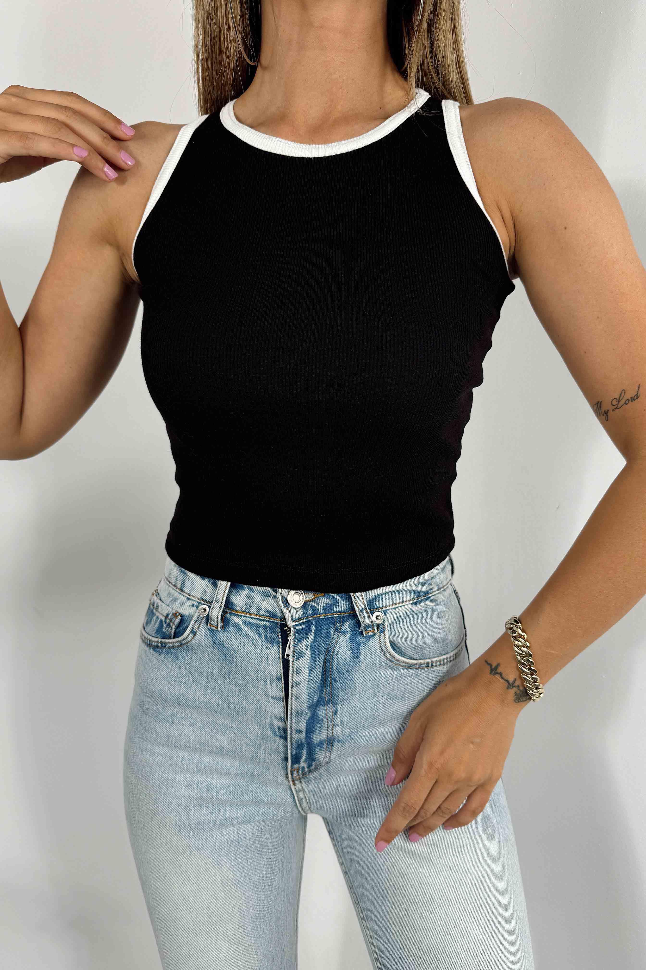 Halter Yaka Fitilli Bluz Siyah