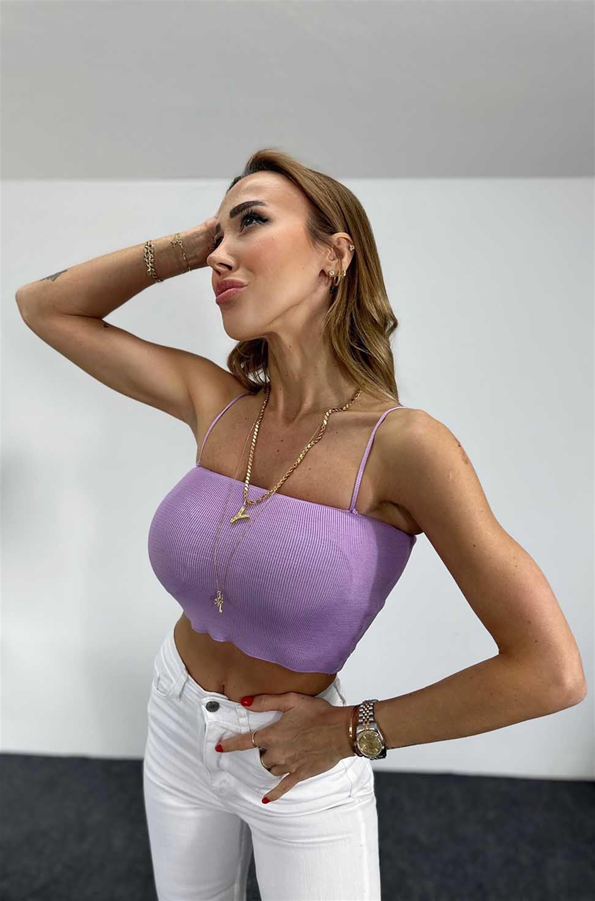 İnce Askılı Fitilli Crop Lila