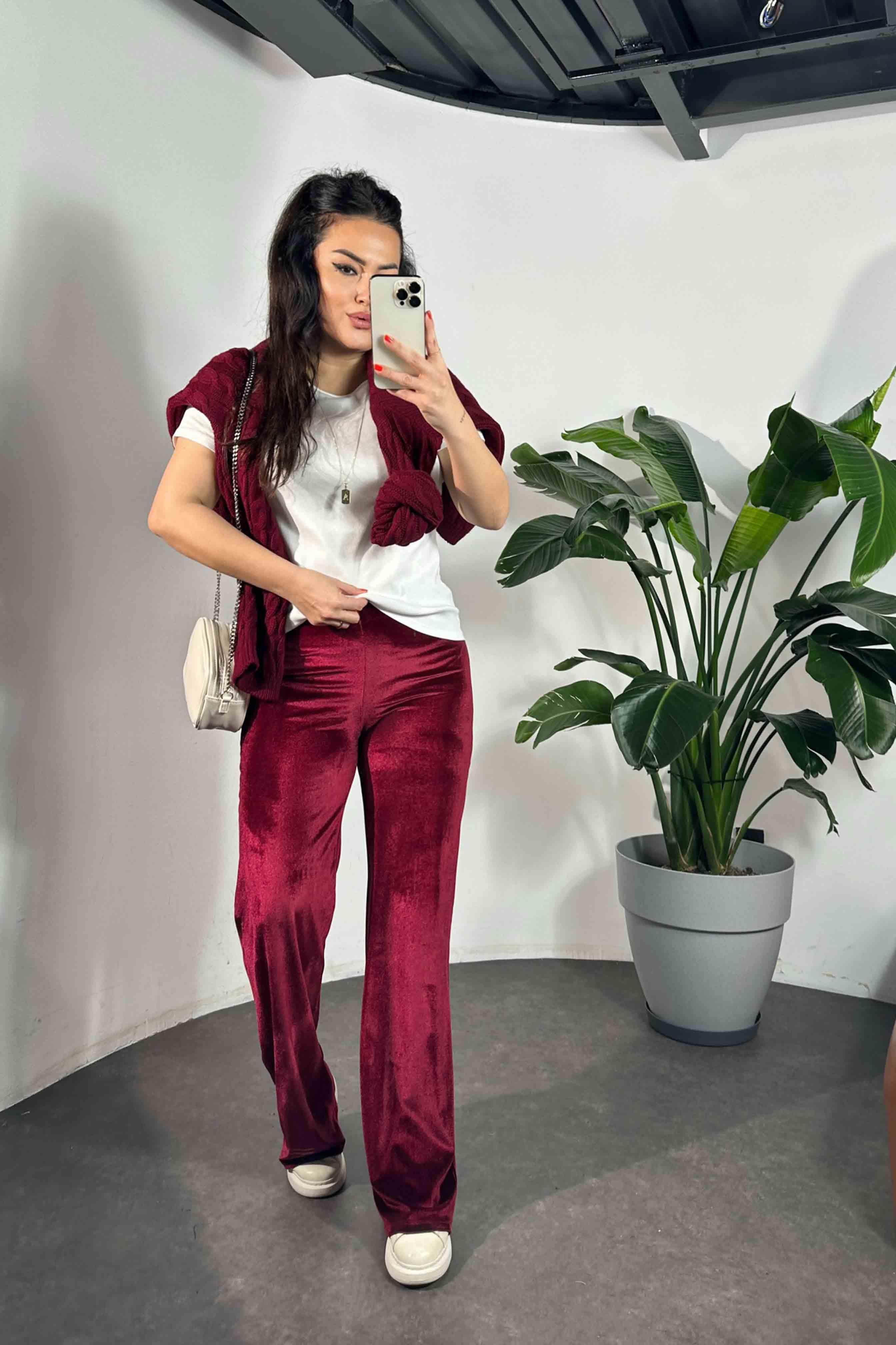 Kadife Palazzo Pantolon Bordo