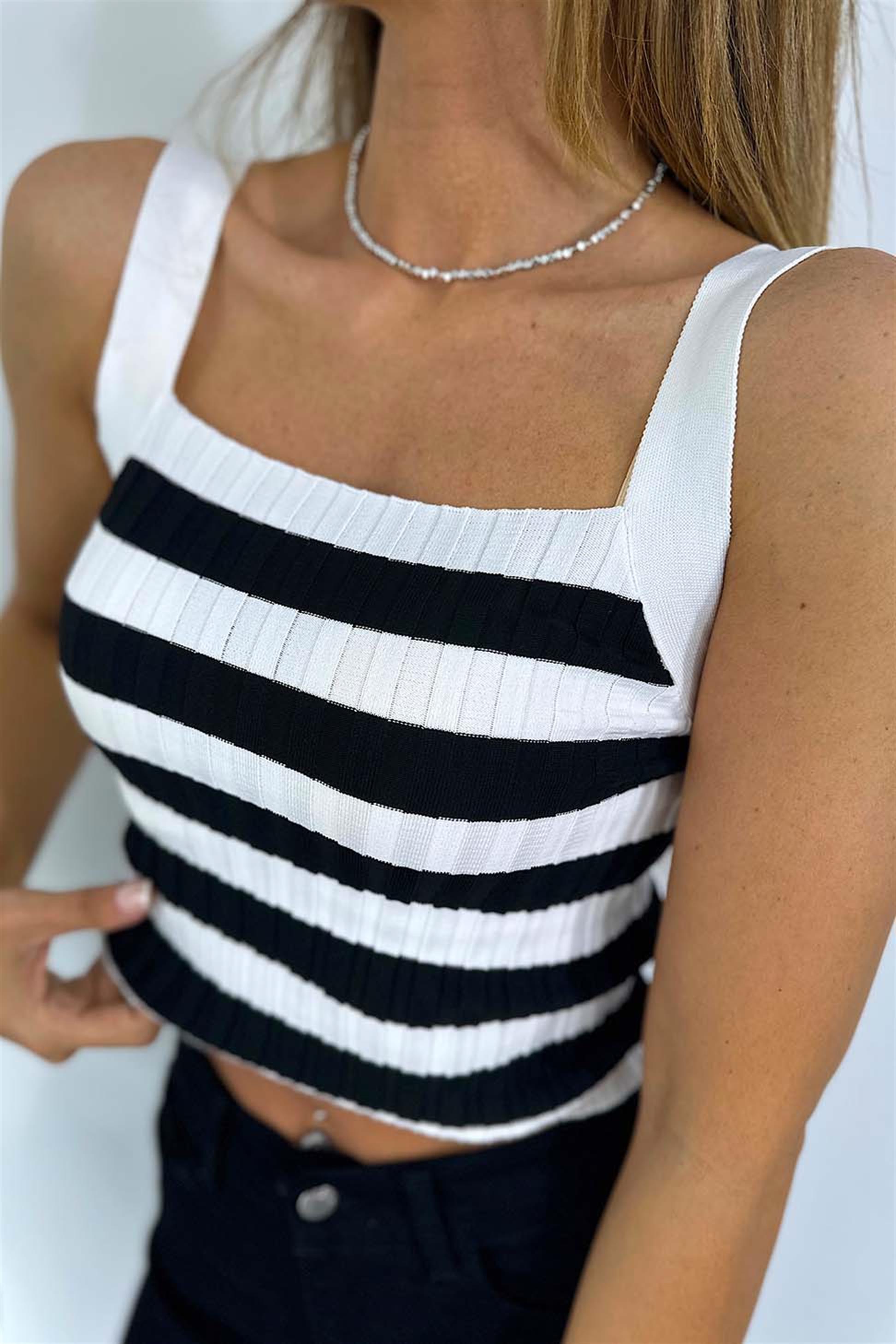 Premium Kalite Kalın Askılı Çizgili Triko Top Beyaz