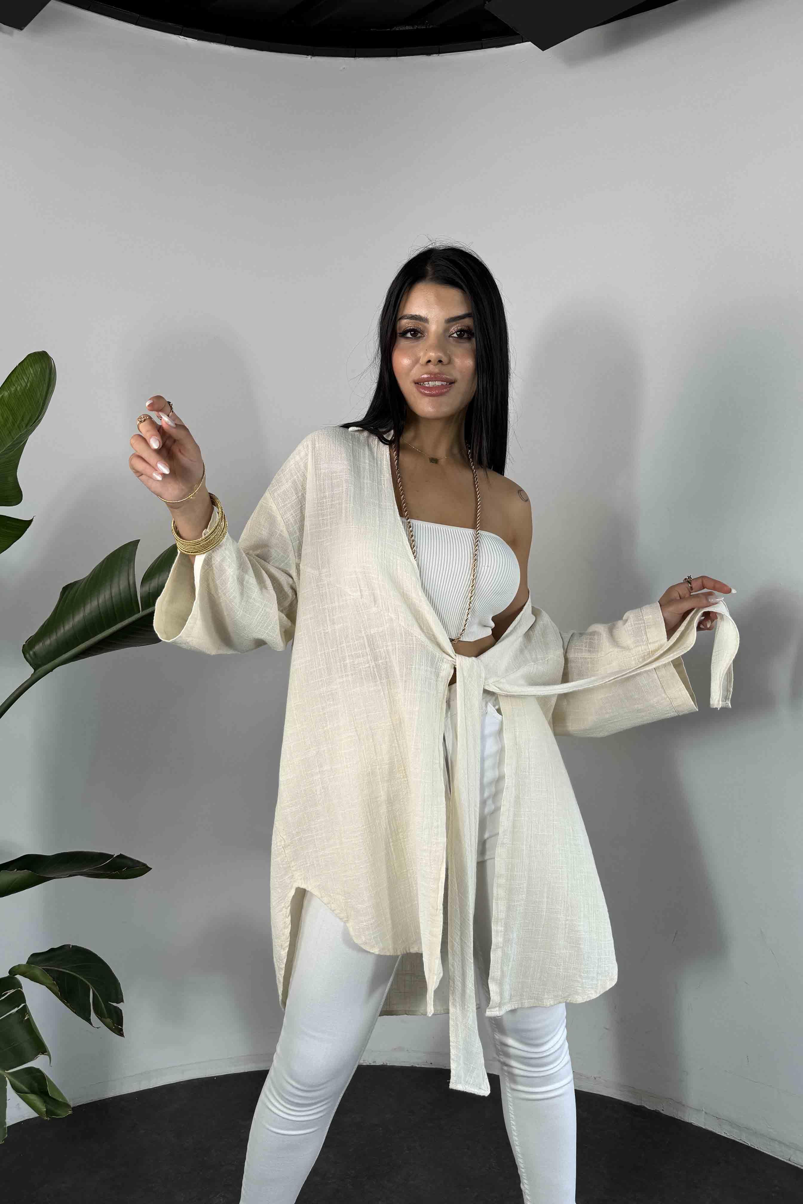 Keten Dokulu Önden Bağlamalı Kadın Kimono Taş