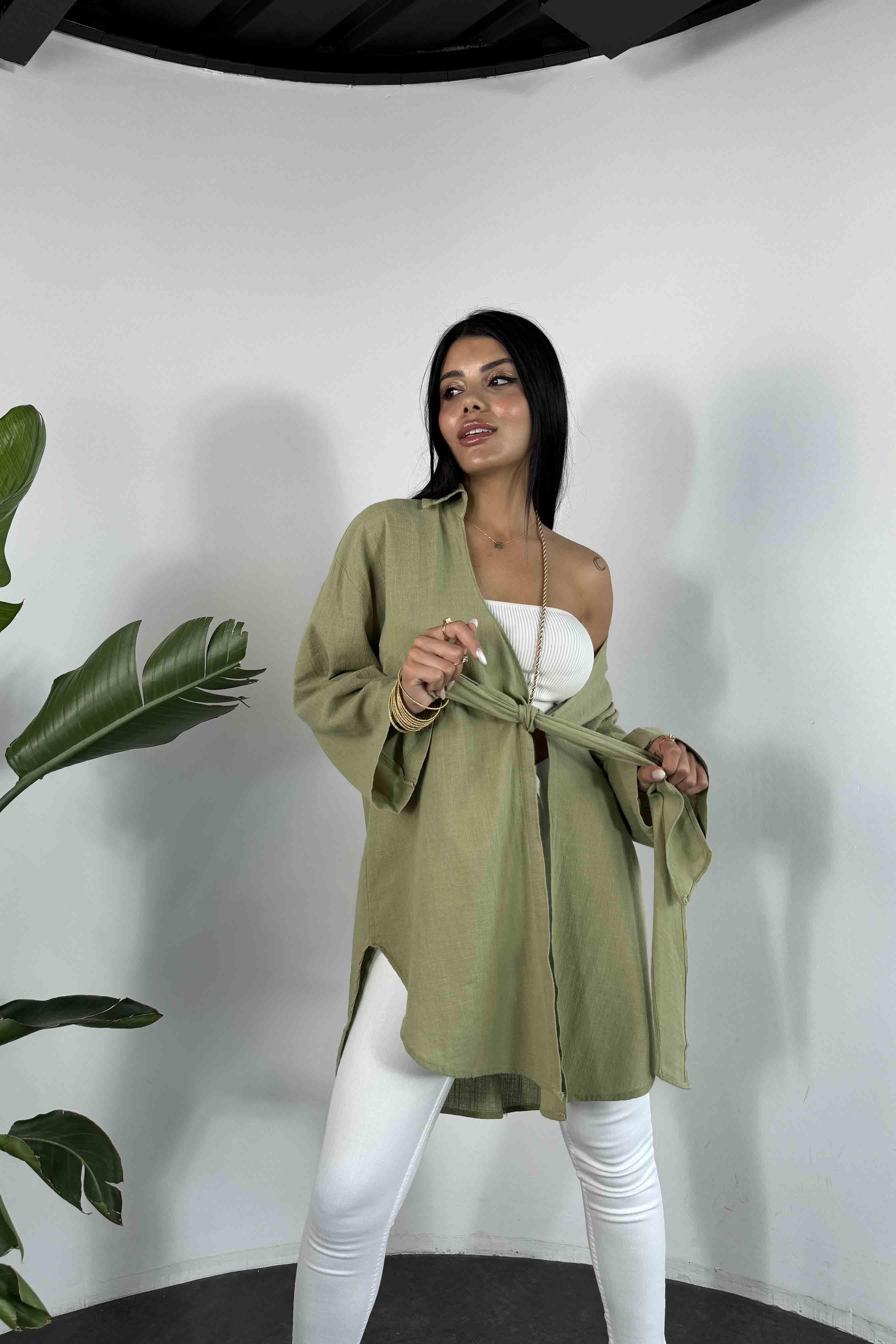 Keten Dokulu Önden Bağlamalı Kadın Kimono Haki