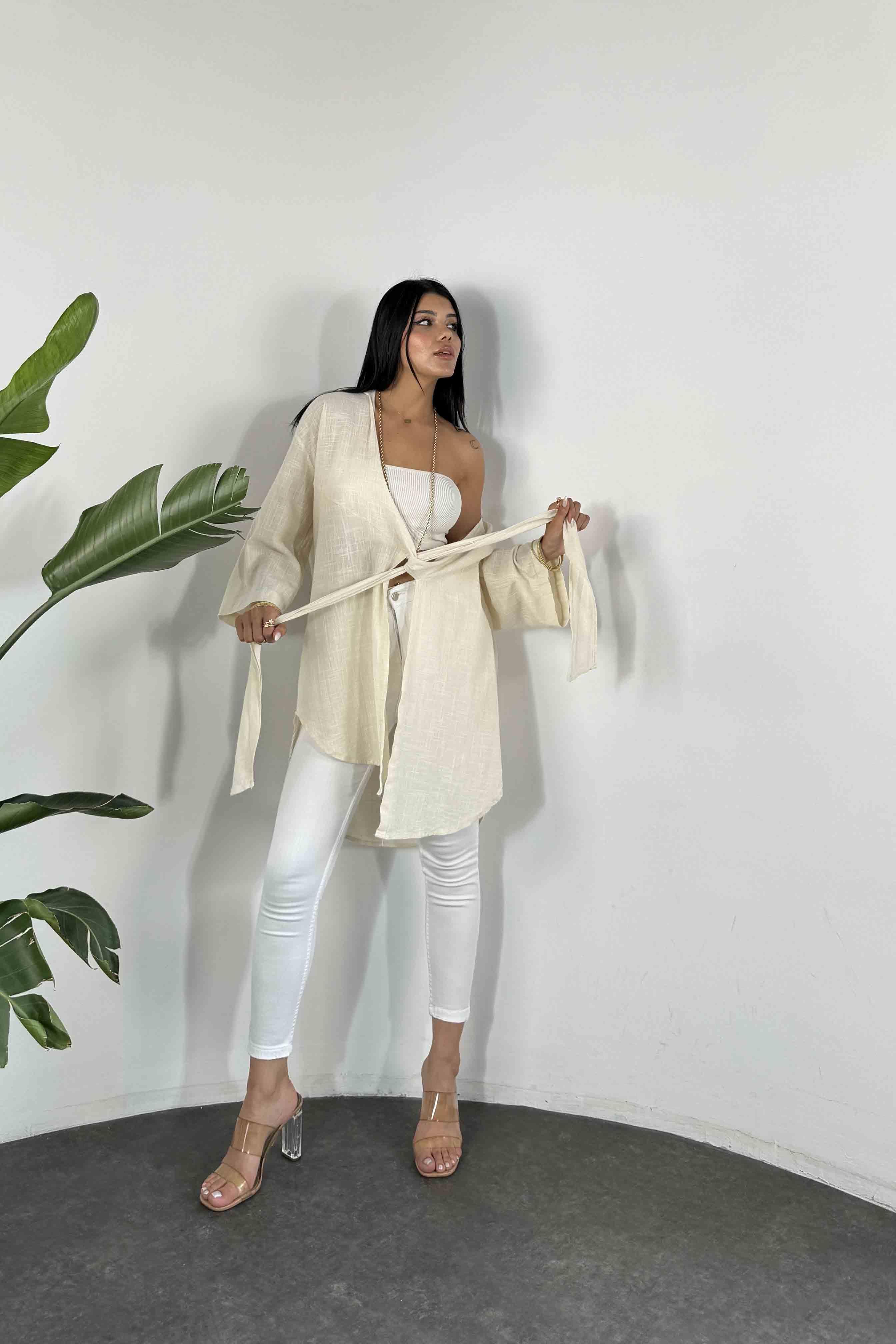 Keten Dokulu Önden Bağlamalı Kadın Kimono Taş