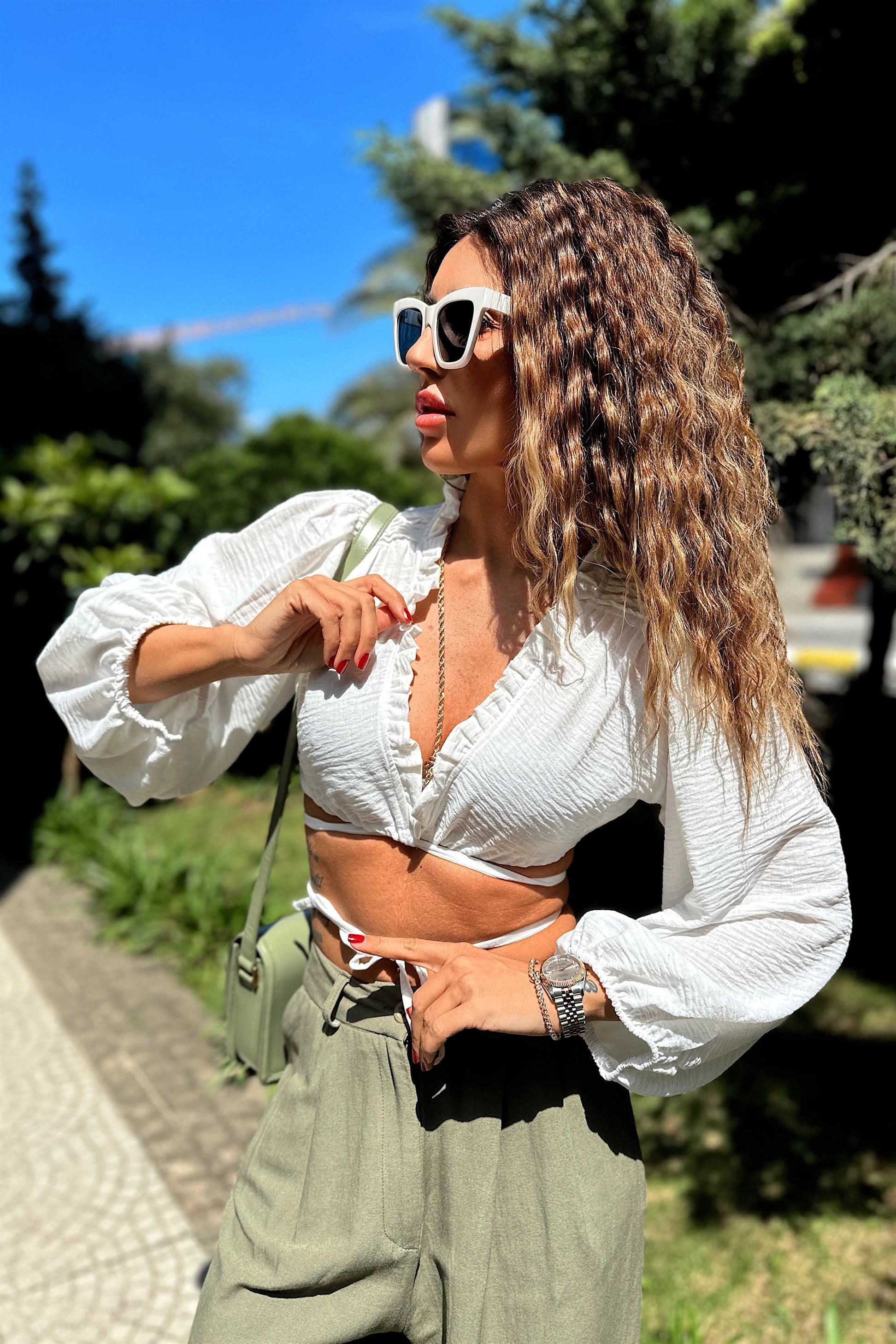 Keten Kumaş Fırfır Yaka Belden Bağlamalı Crop Beyaz