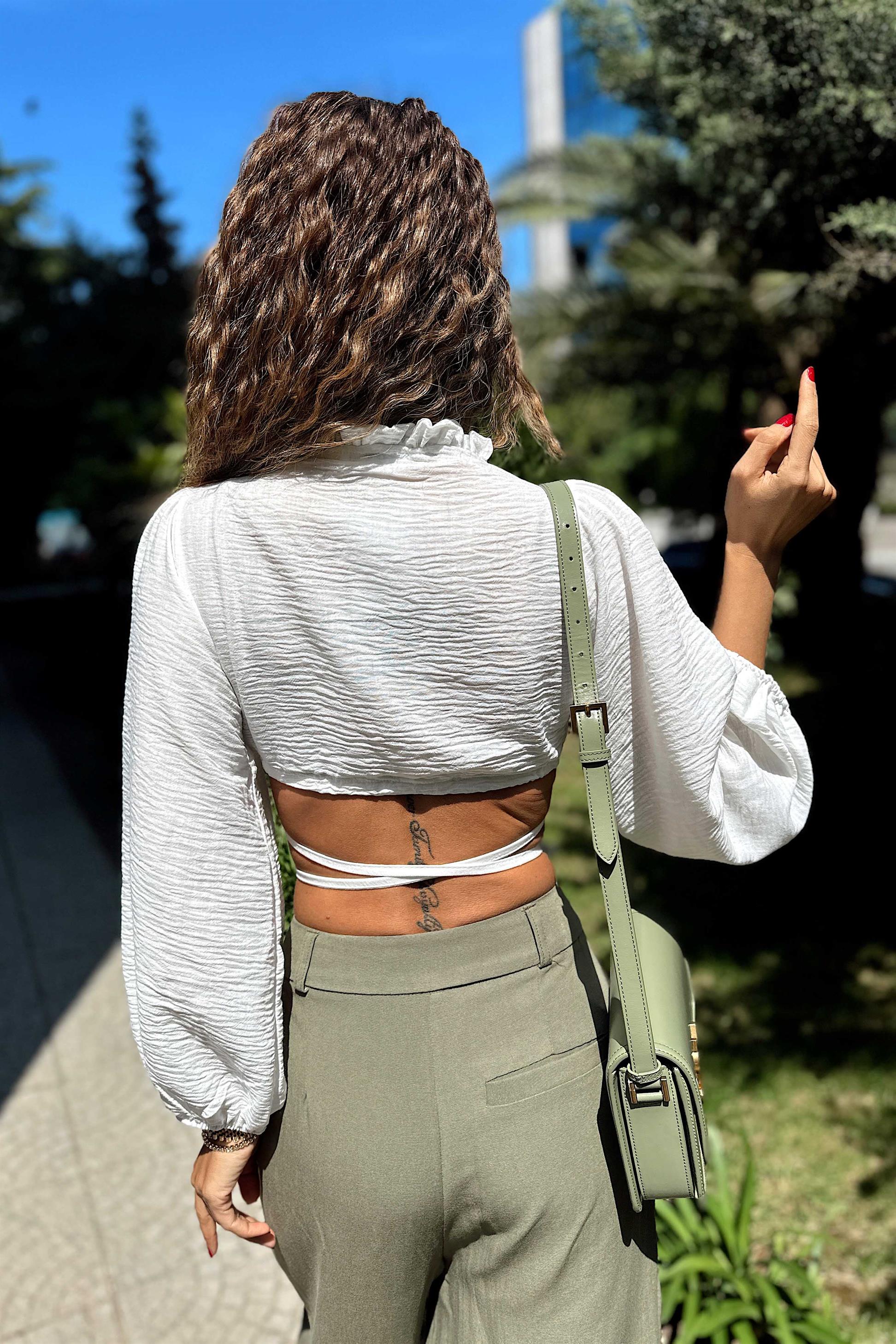 Keten Kumaş Fırfır Yaka Belden Bağlamalı Crop Beyaz