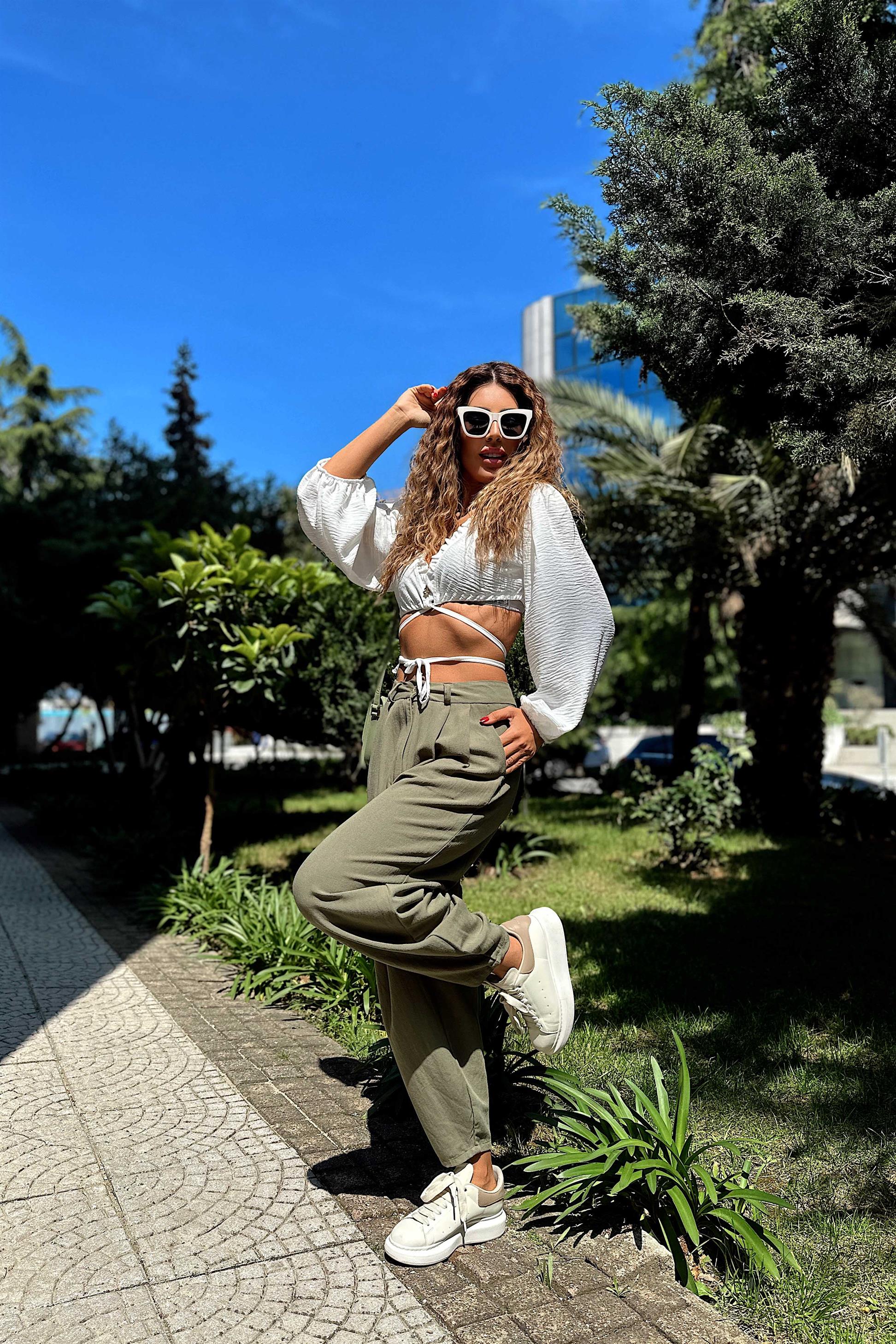 Keten Kumaş Fırfır Yaka Belden Bağlamalı Crop Beyaz