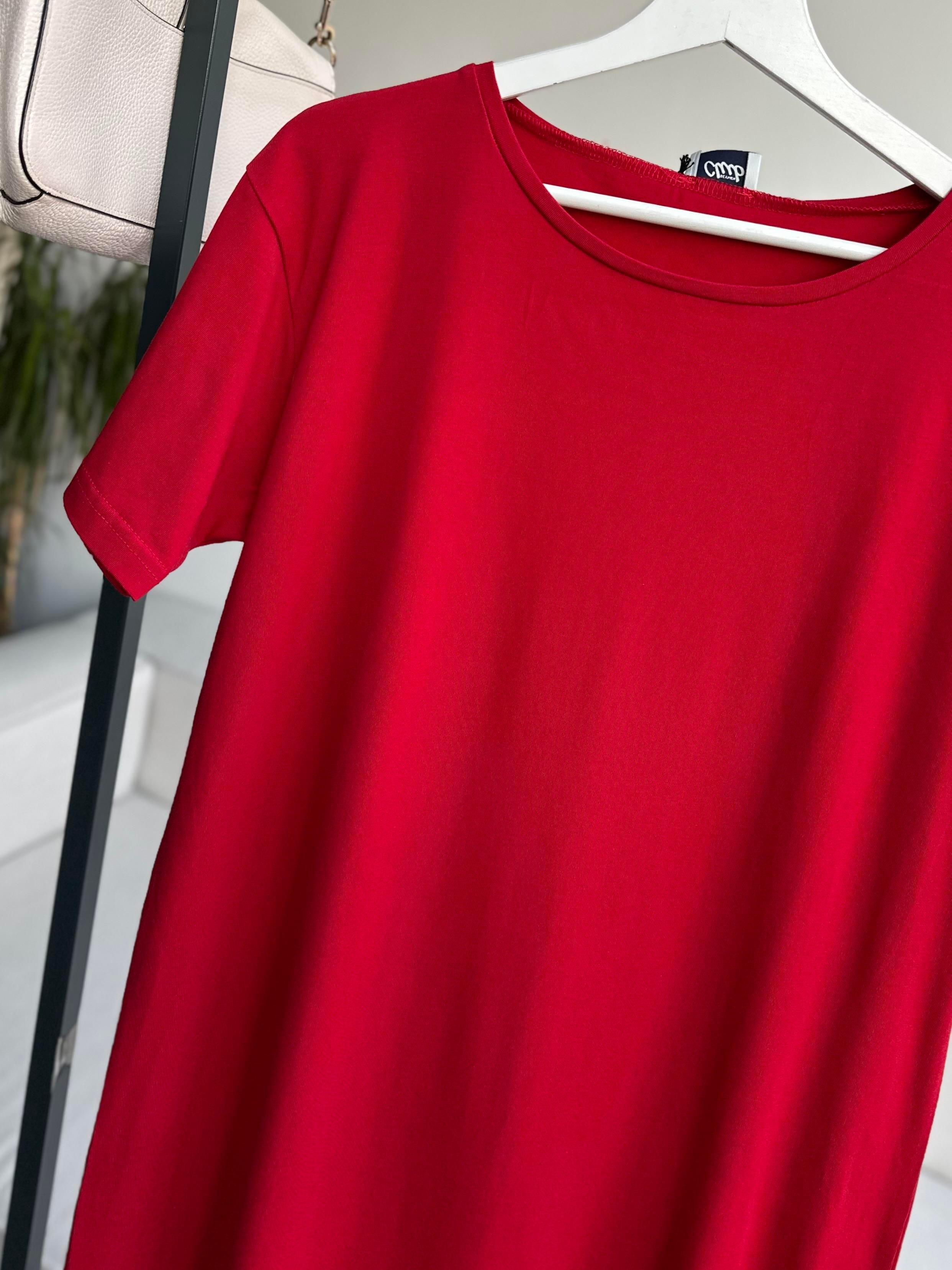 Kırmızı Çift Yırtmaçlı Pamuk Penye Elbise