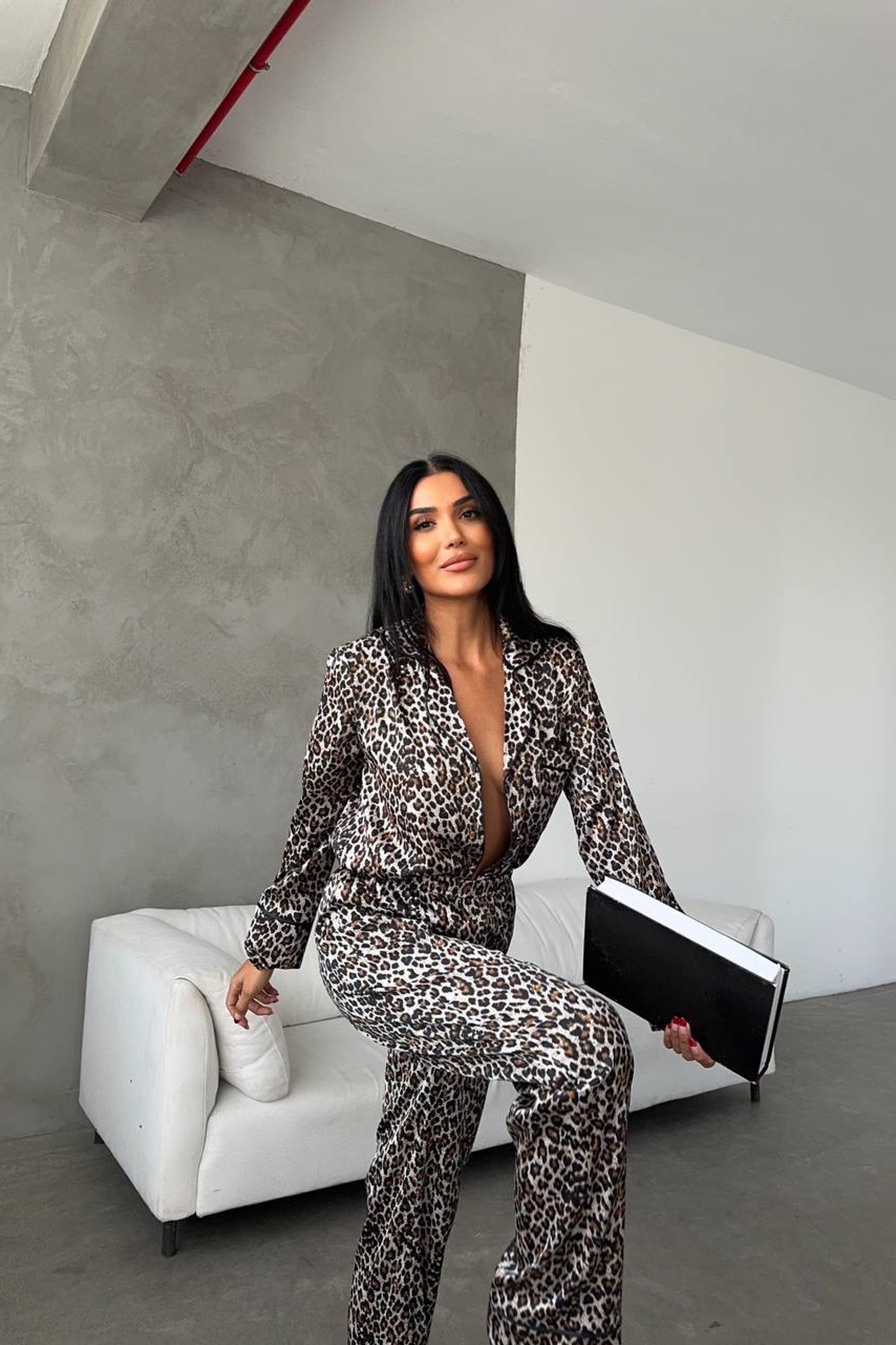 Leopardo Verde Saten Uzun Pijama Takımı Vizon