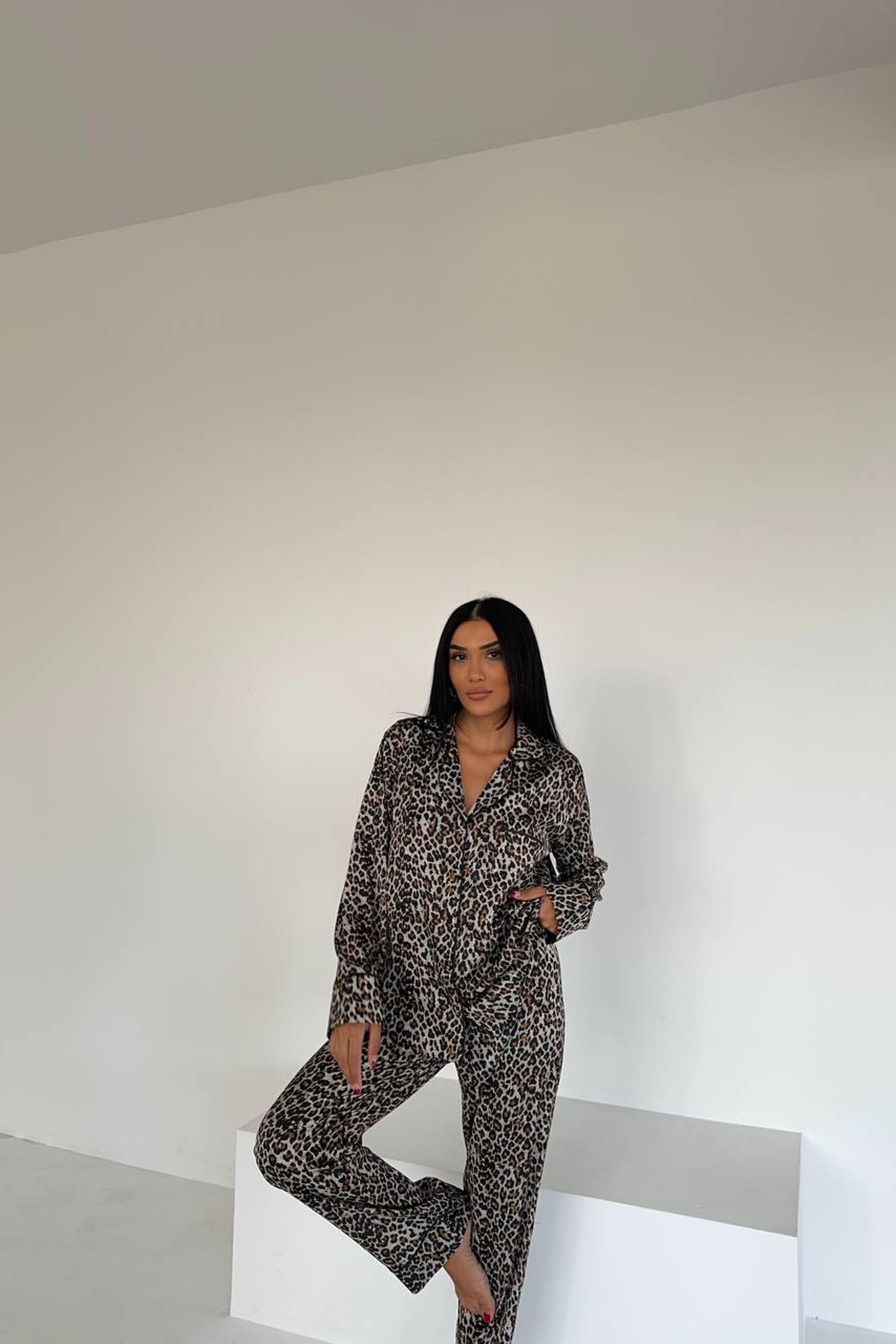 Leopardo Verde Saten Uzun Pijama Takımı Vizon