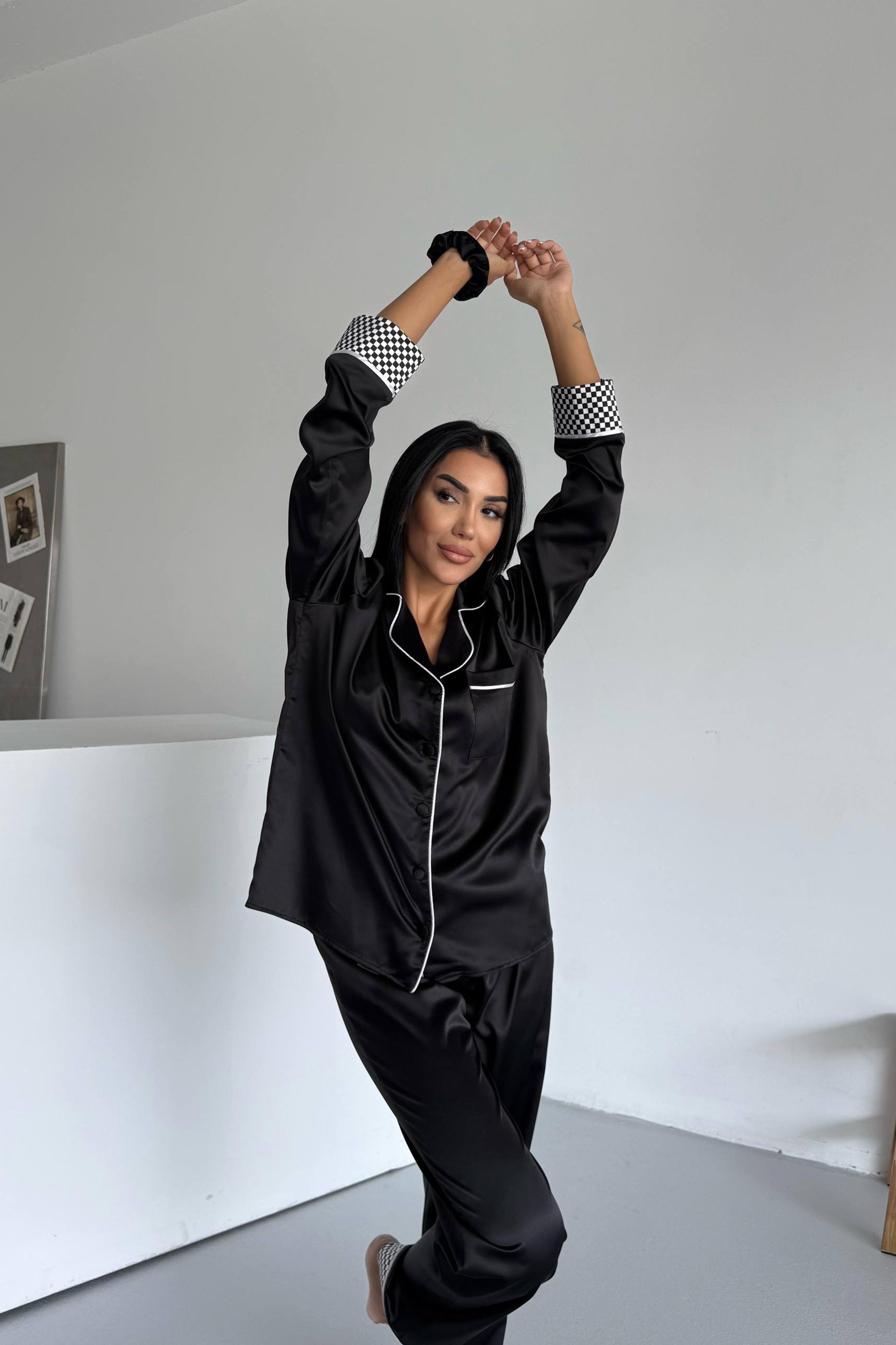 Liscio e Quadri Saten Uzun Pijama Takımı Siyah