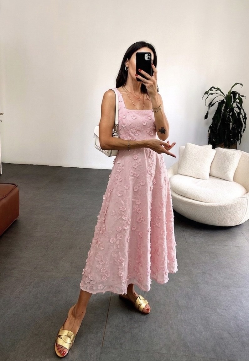 Lüks Kalite Brode Çiçek Desenli Astarlı Elbise Pembe