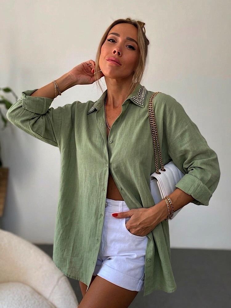 Lüks Kalite Yakası Taşlı Oversize Gömlek Haki
