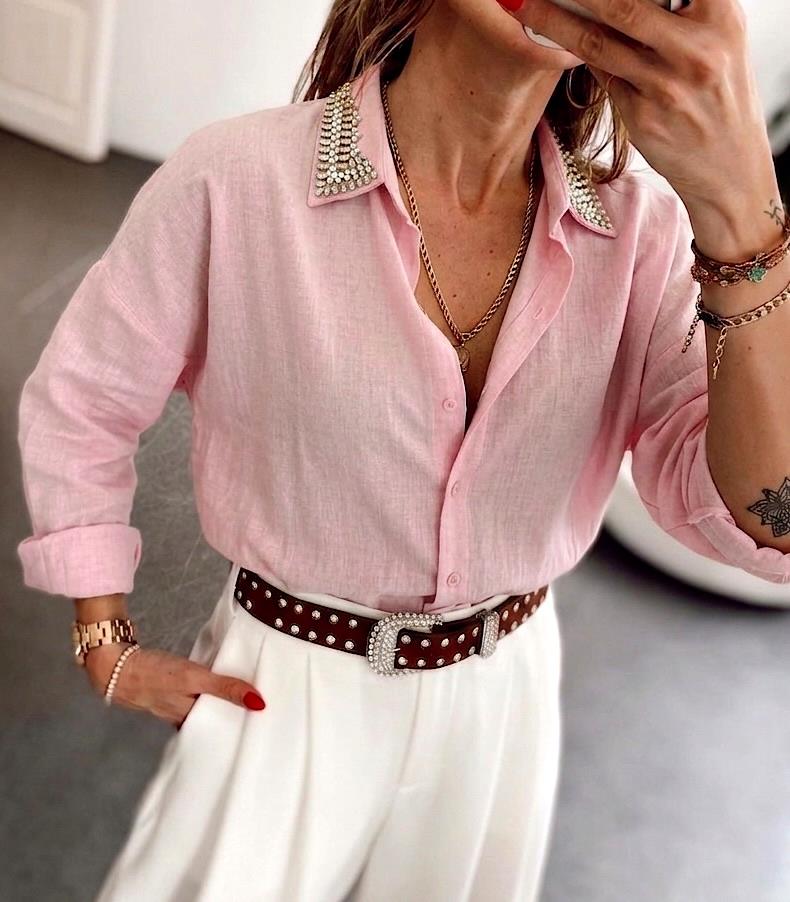 Lüks Kalite Yakası Taşlı Oversize Gömlek Pembe