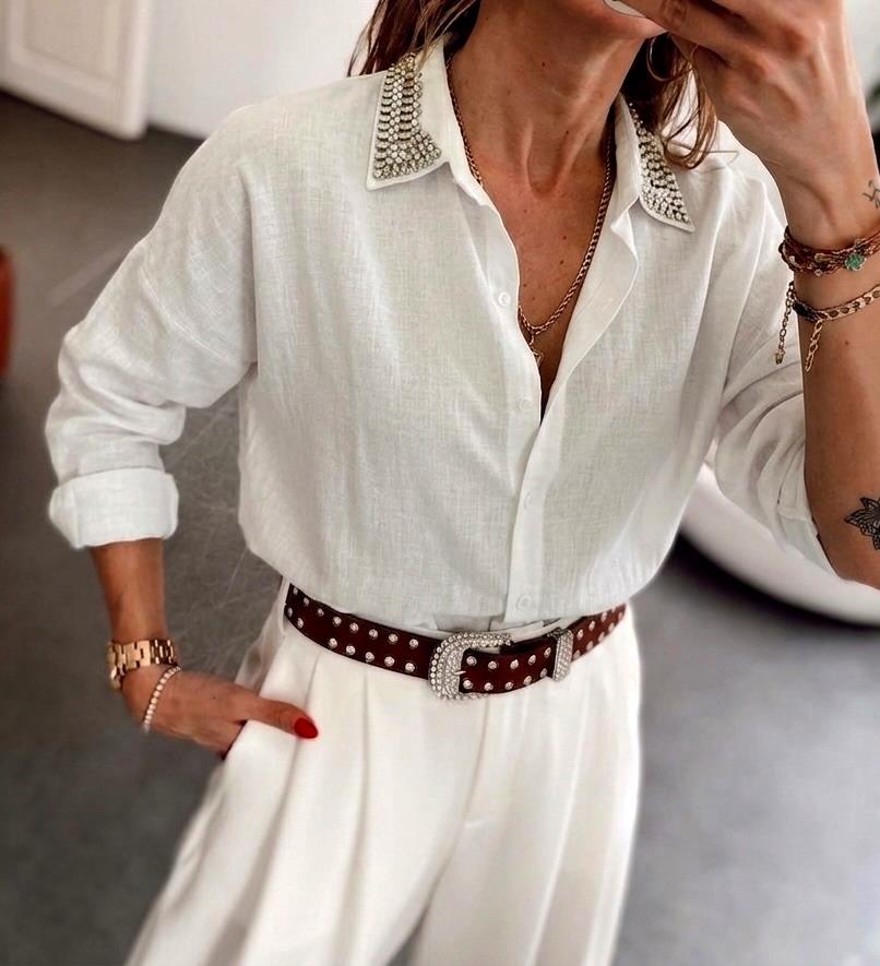 Lüks Kalite Yakası Taşlı Oversize Gömlek Beyaz
