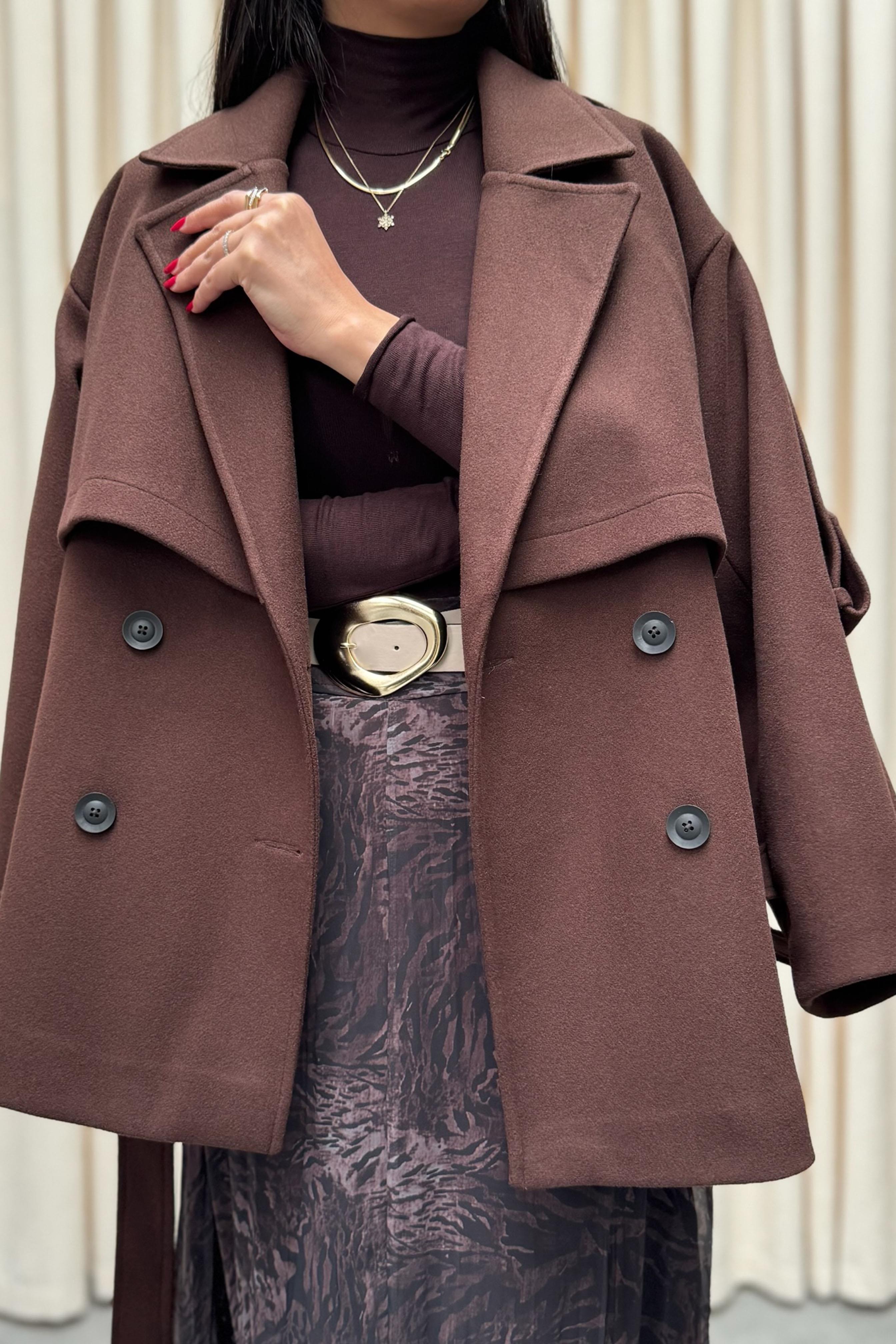 Lüx Kalite Apoletli Kalın Kaşe Kaban Kahverengi