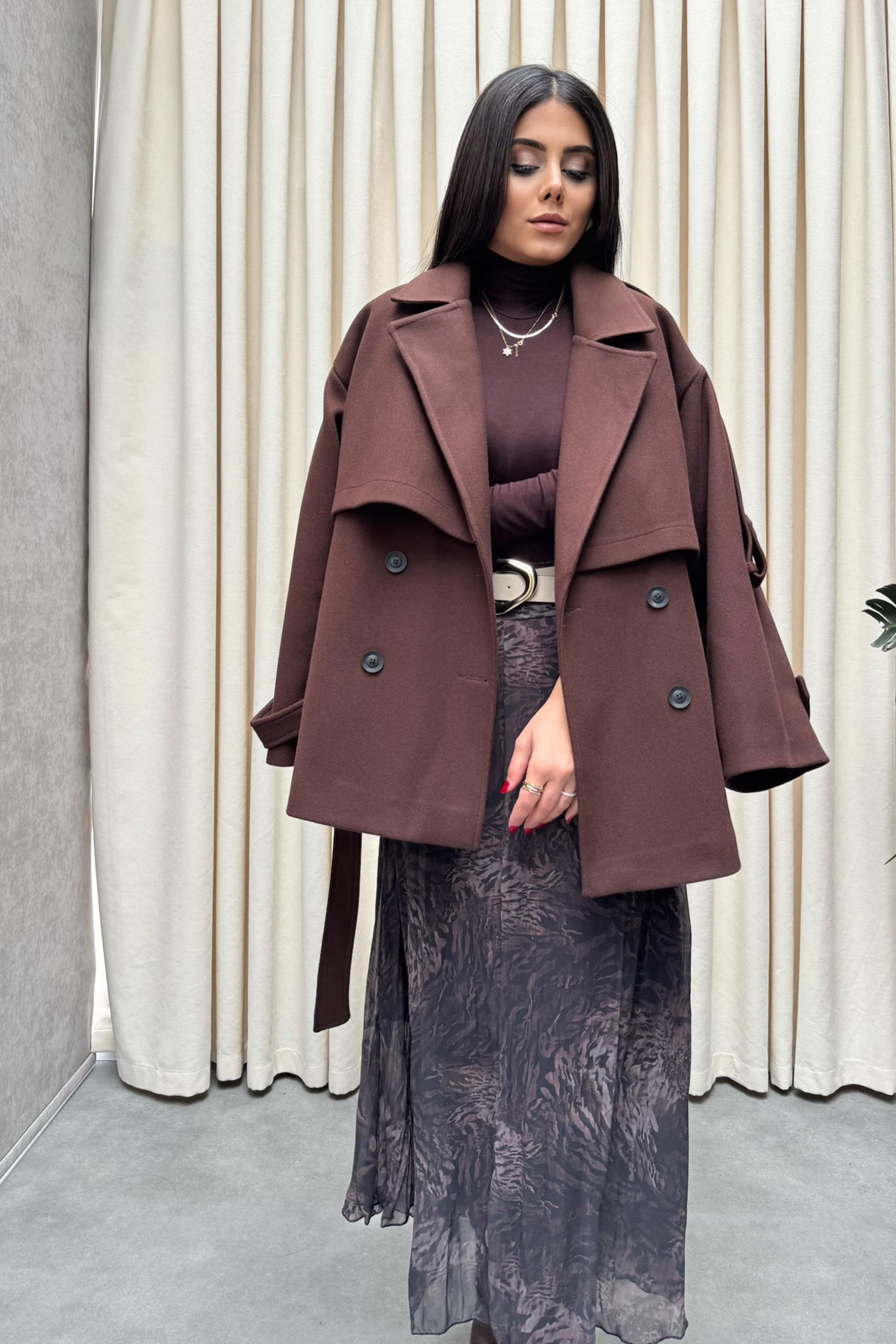 Lüx Kalite Apoletli Kalın Kaşe Kaban Kahverengi