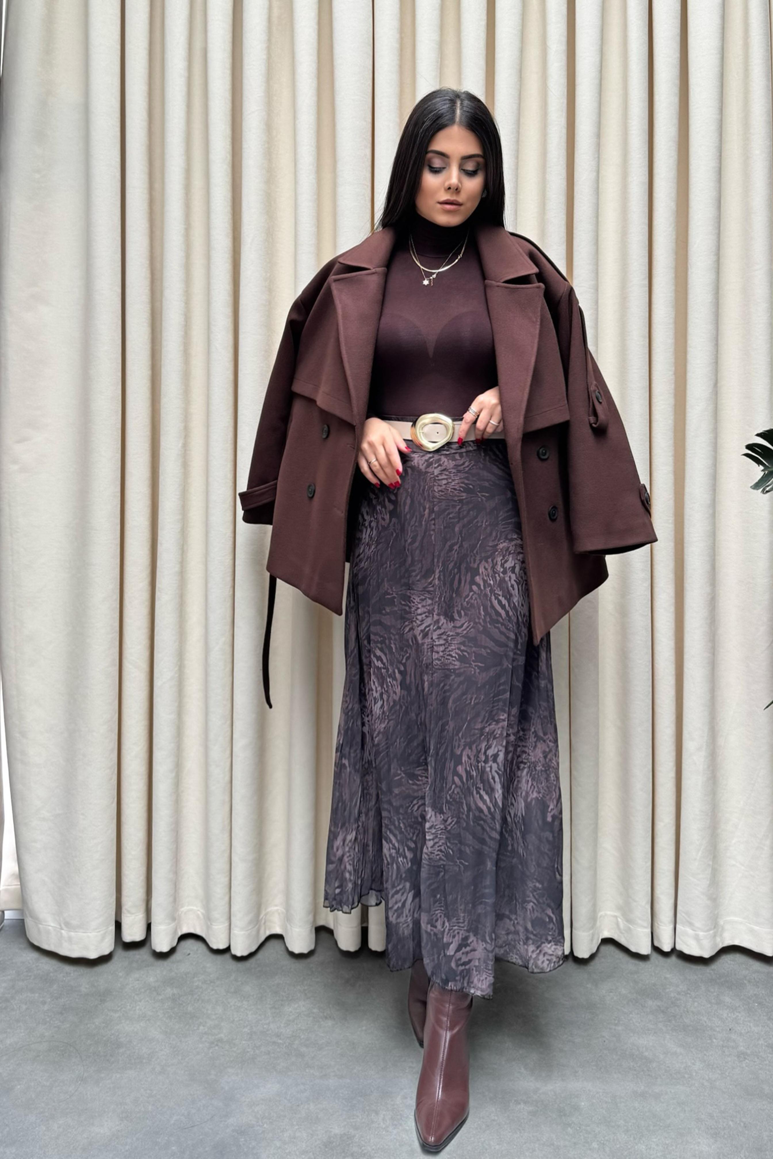 Lüx Kalite Apoletli Kalın Kaşe Kaban Kahverengi