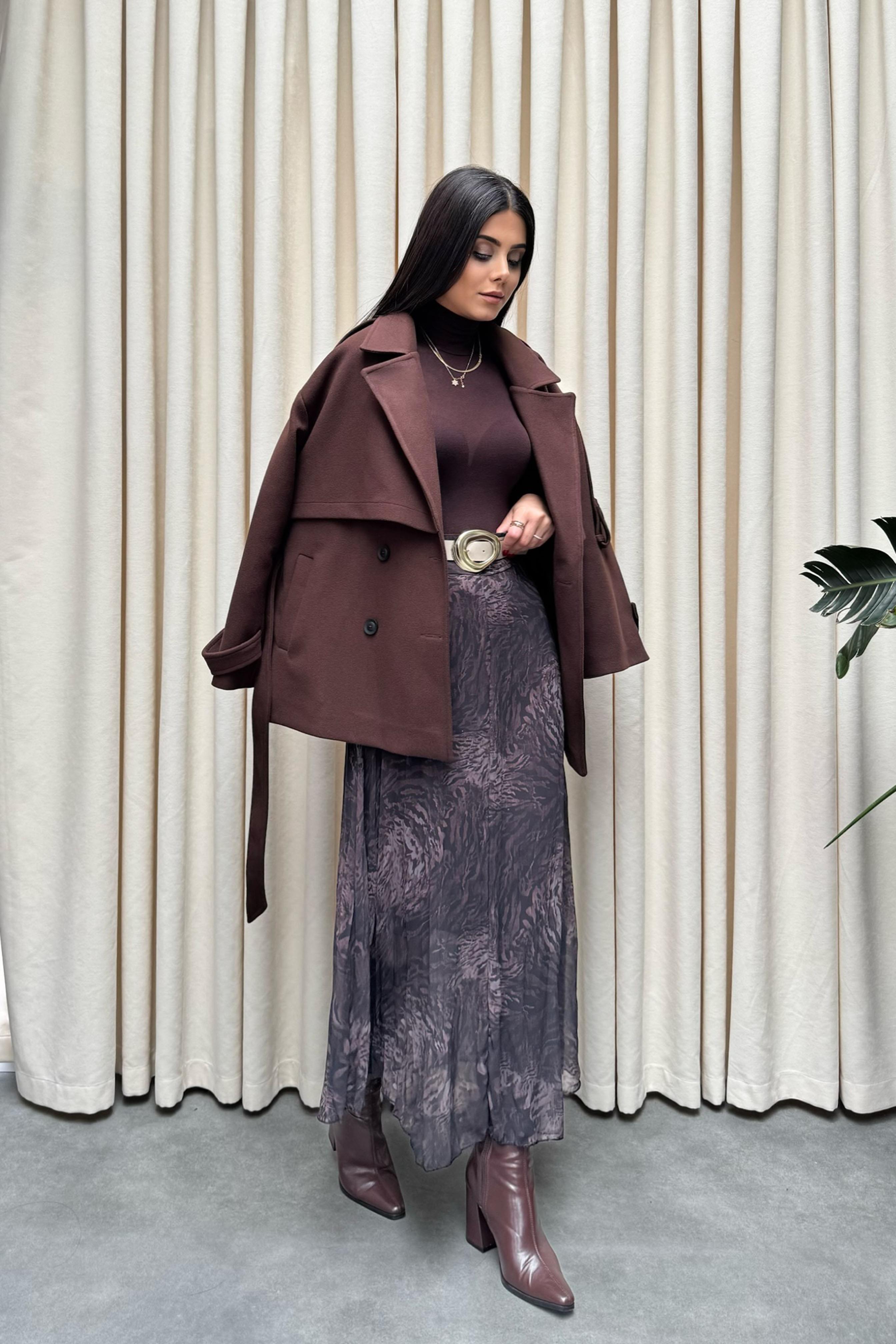 Lüx Kalite Apoletli Kalın Kaşe Kaban Kahverengi