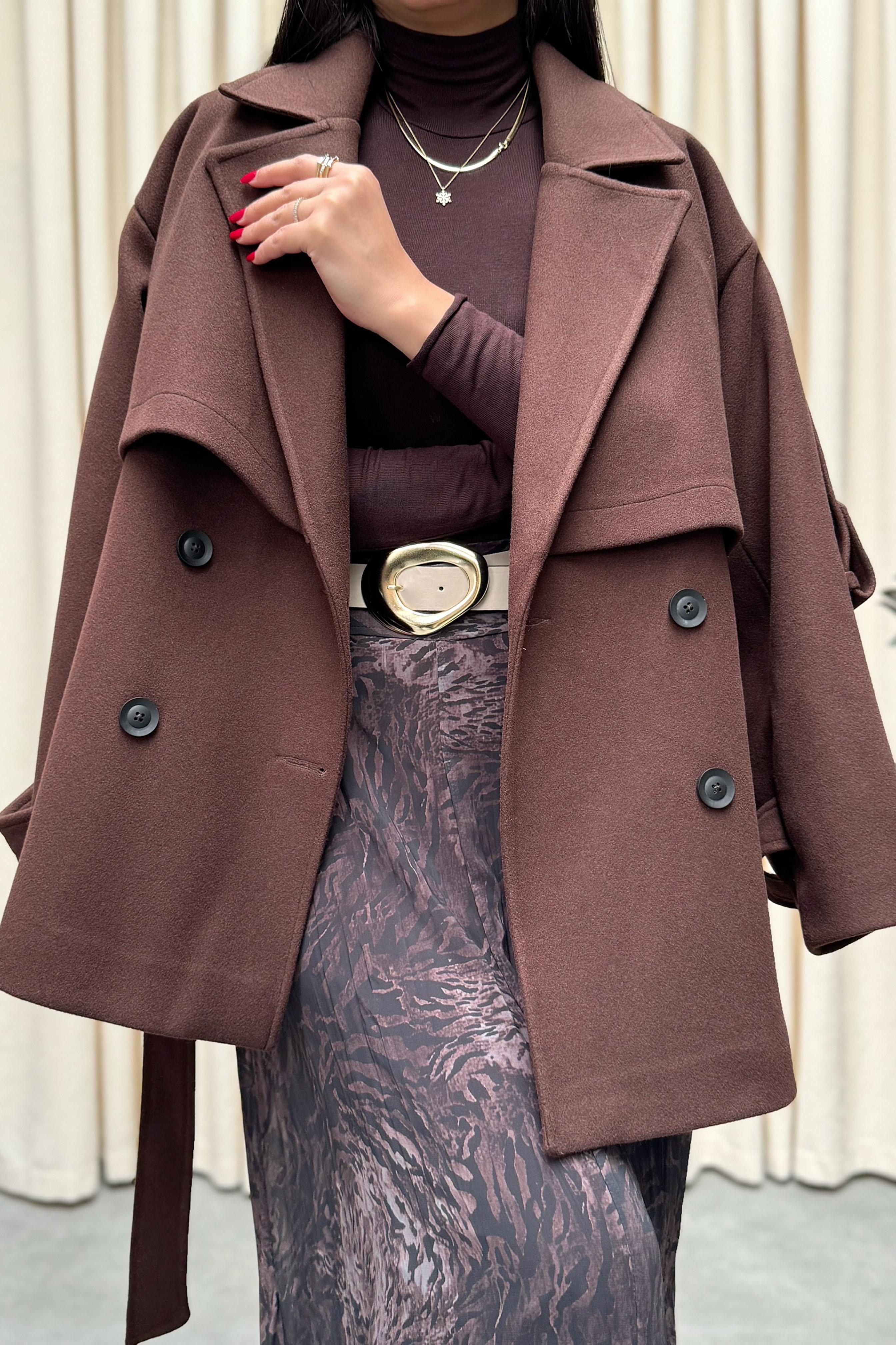 Lüx Kalite Apoletli Kalın Kaşe Kaban Kahverengi