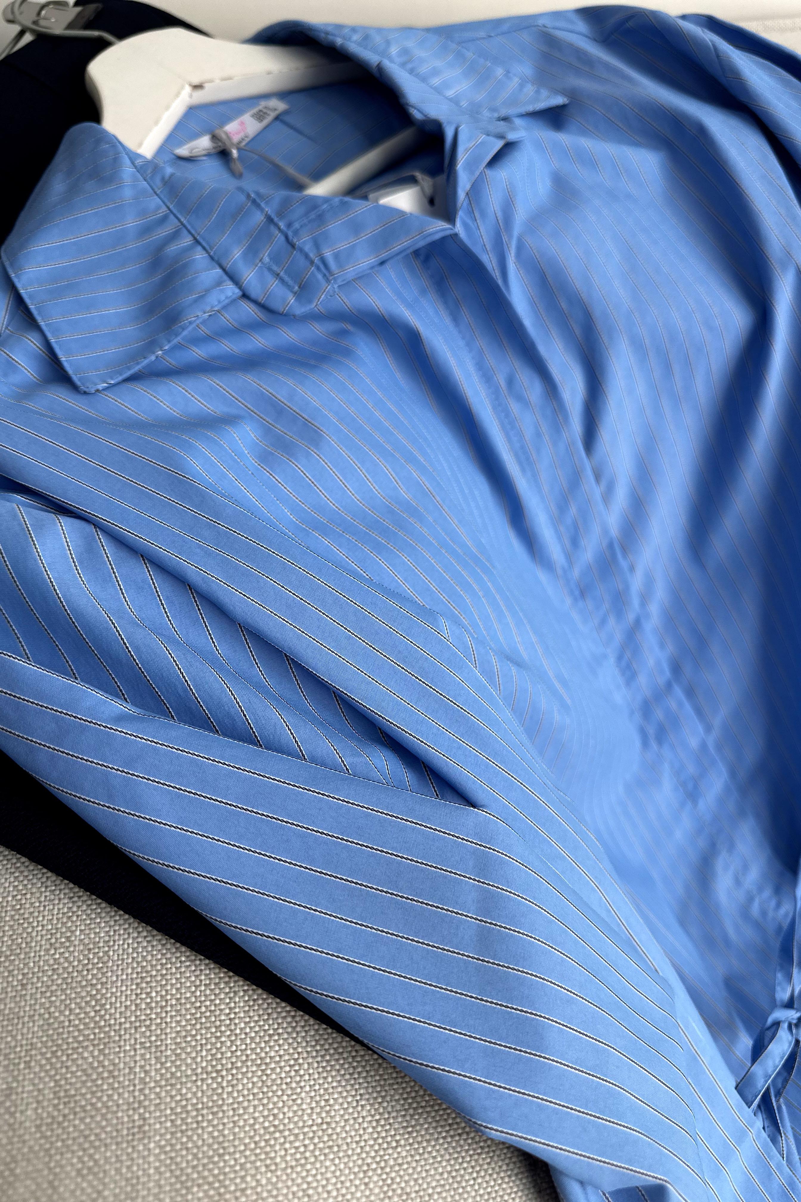 Lüx Kalite Bel Bağcık Detaylı Çizgili Gömlek Mavi