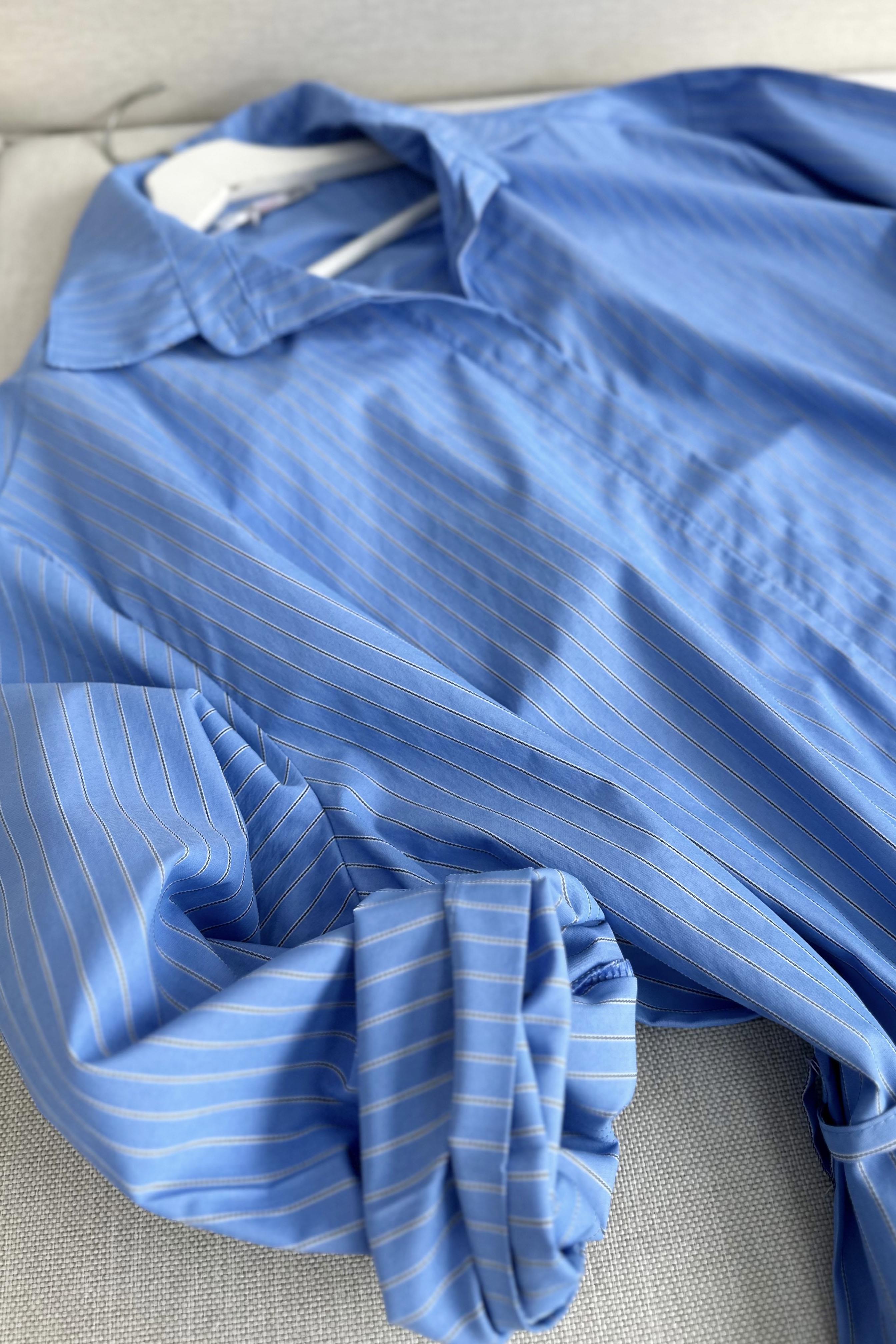 Lüx Kalite Bel Bağcık Detaylı Çizgili Gömlek Mavi