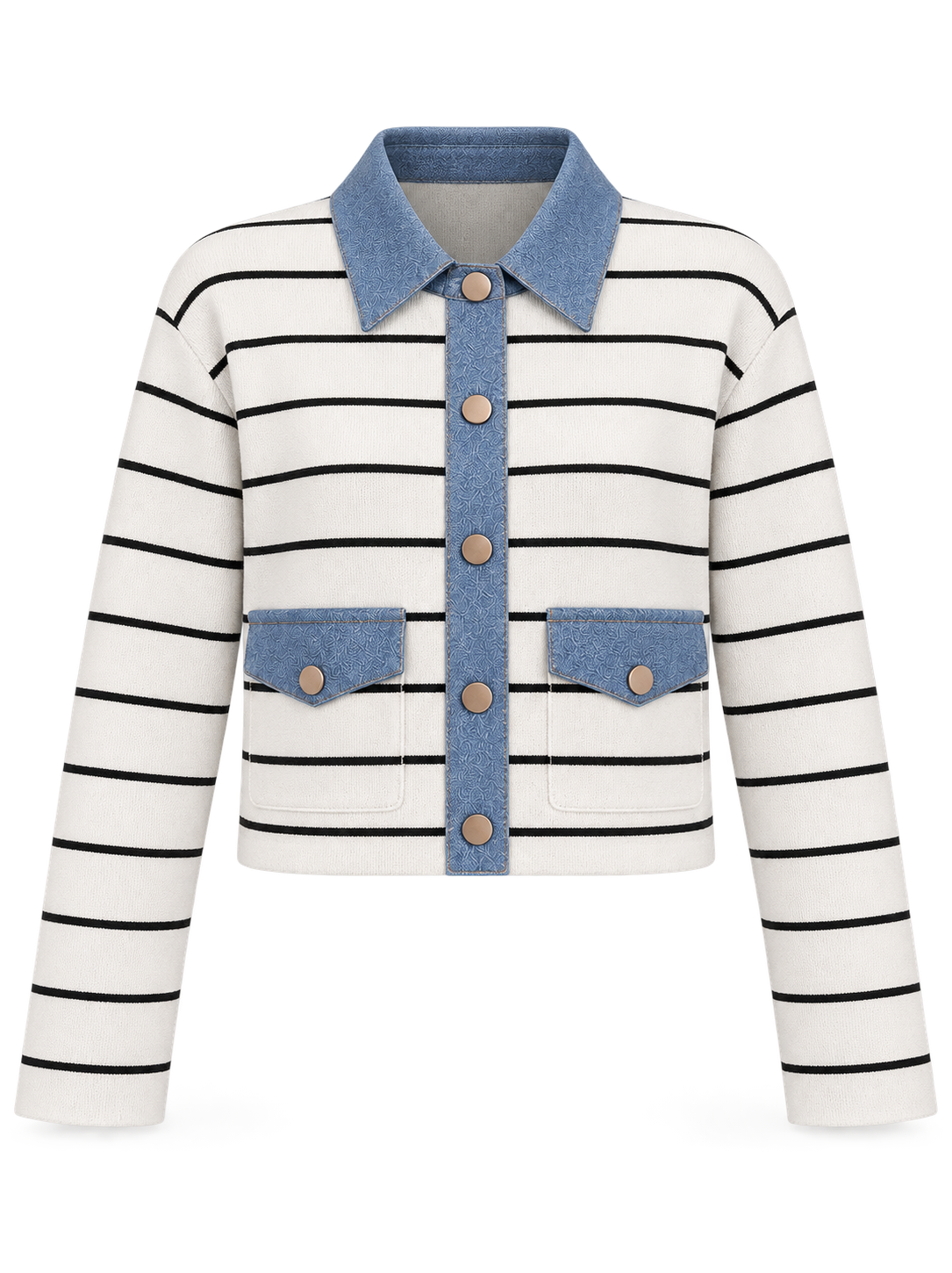 Lüx Kalite Denim Cep Kapak ve Yakalı Çelik Triko Hırka Beyaz 
