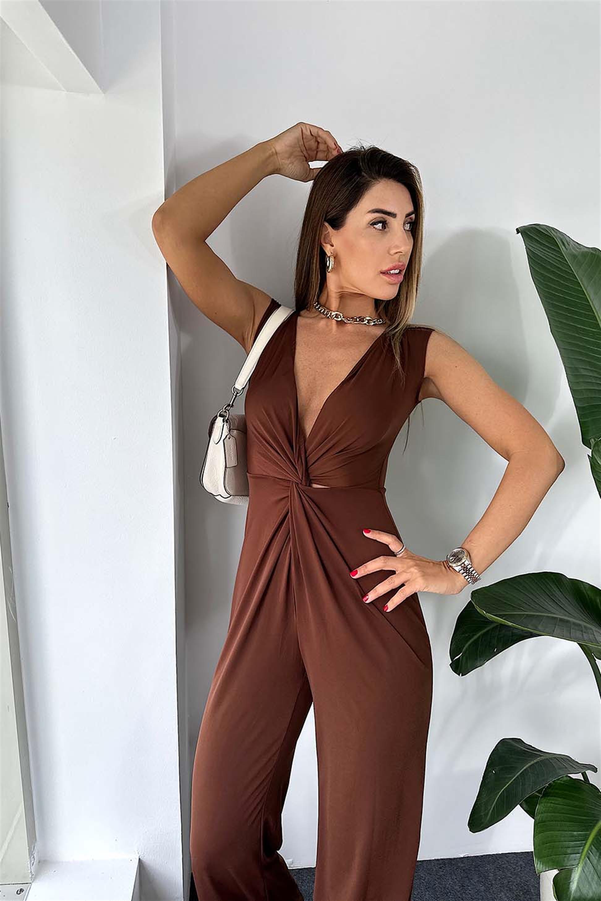 Lüx Kalite Full Likralı Kumaş Sırtı Fermuarlı Kadın Tulum Kahve