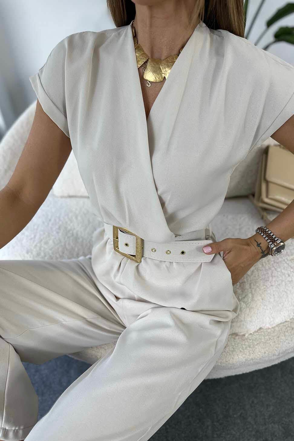 Lüx Kalite Krep Kumaş Kruvaze Yaka Kemerli Kadın Tulum Taş