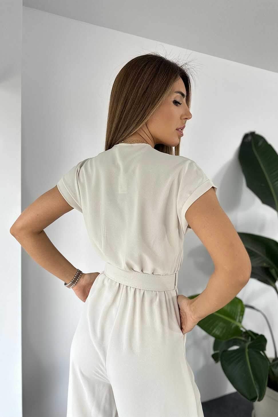 Lüx Kalite Krep Kumaş Kruvaze Yaka Kemerli Kadın Tulum Taş