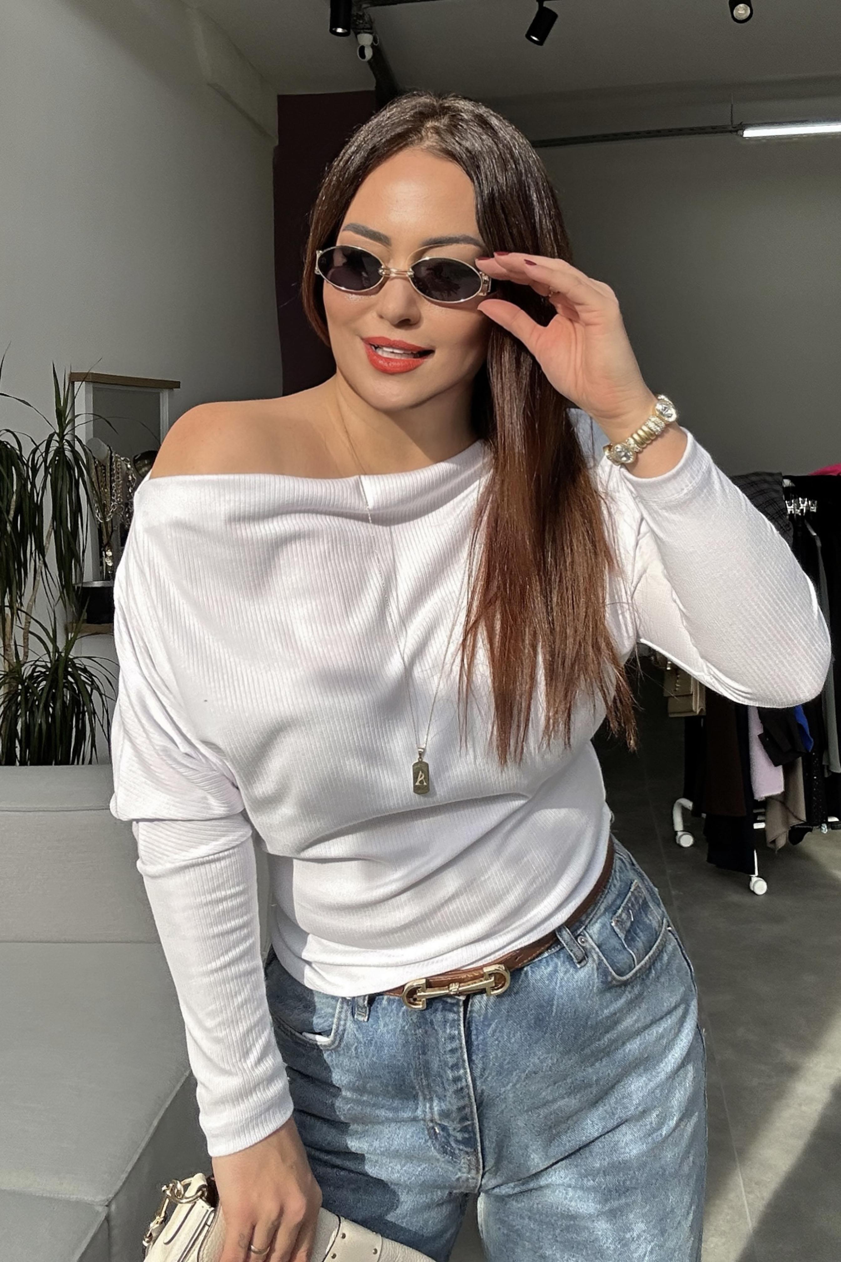 Madonna Yaka Fitilli Basic Bluz Beyaz