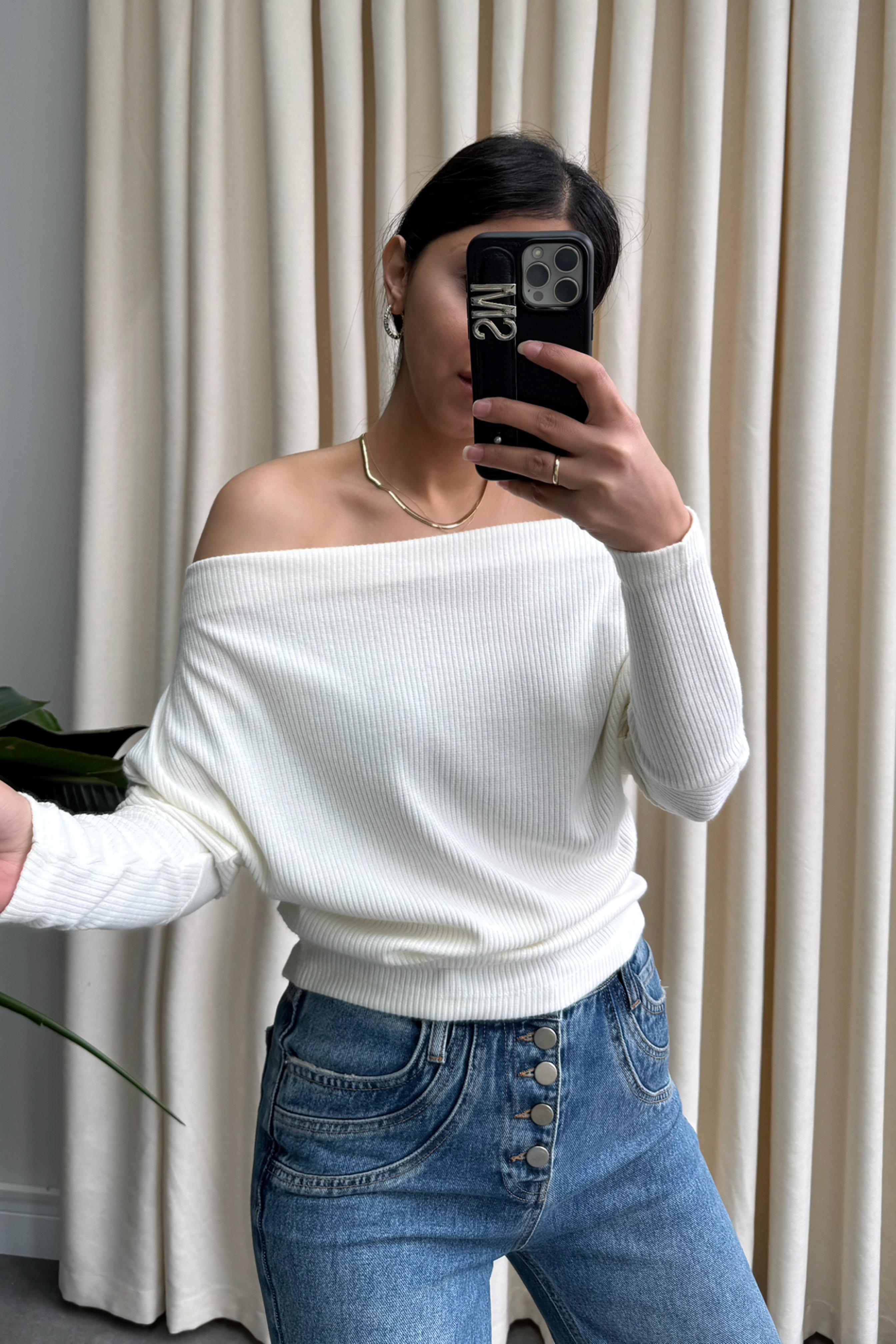 Madonna Yaka Fitilli Basic Bluz Ekru