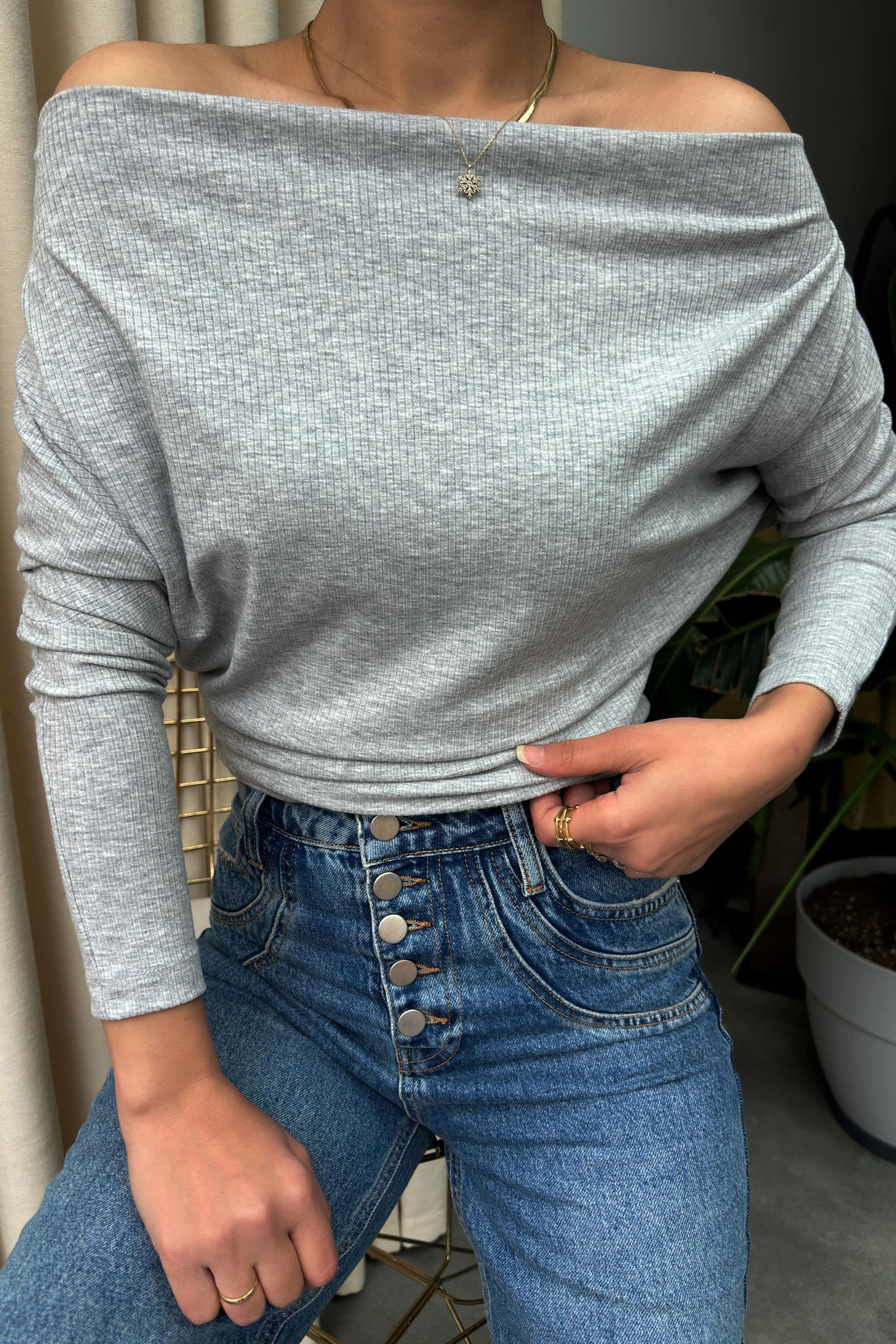 Madonna Yaka Fitilli Basic Bluz Gri