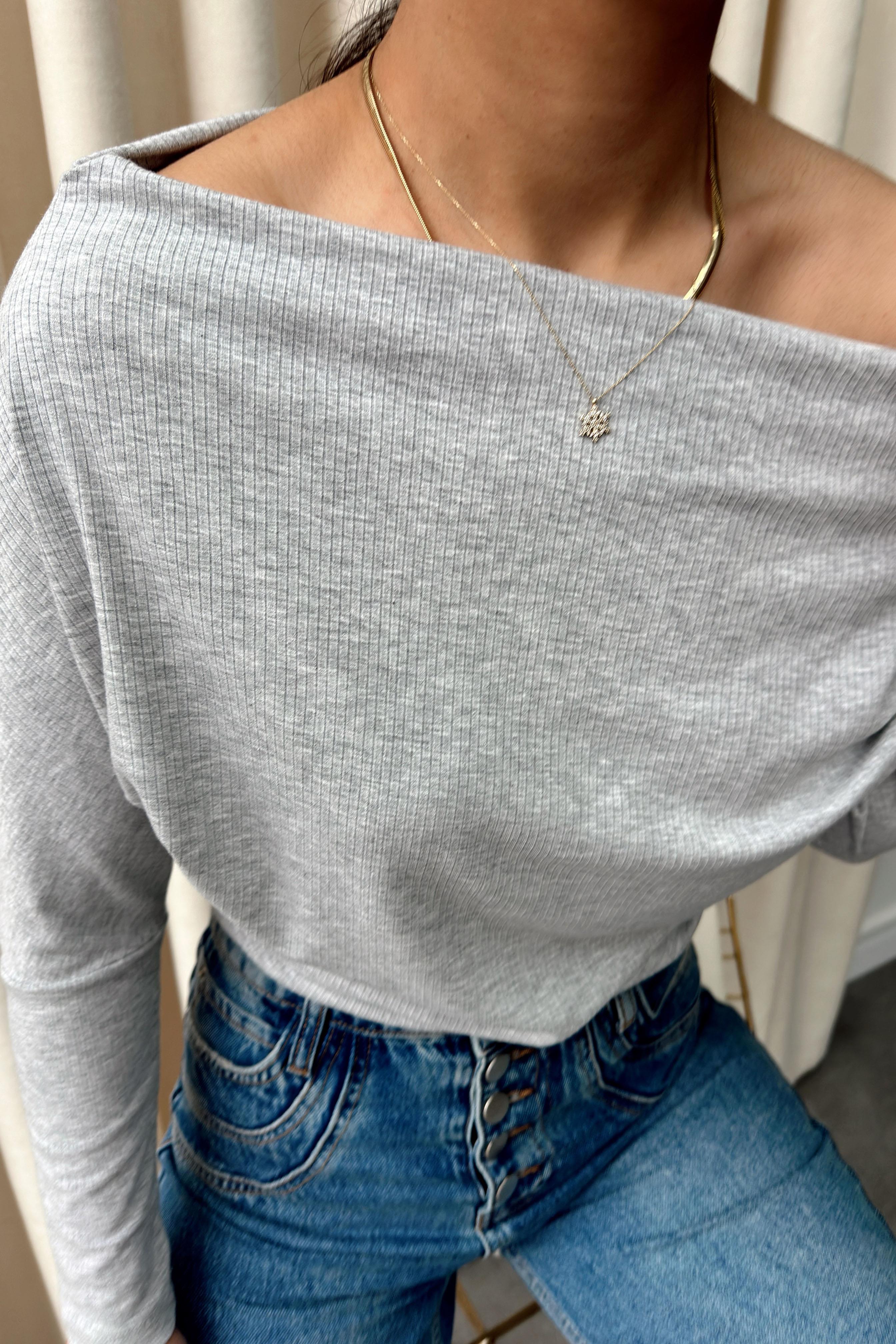 Madonna Yaka Fitilli Basic Bluz Gri