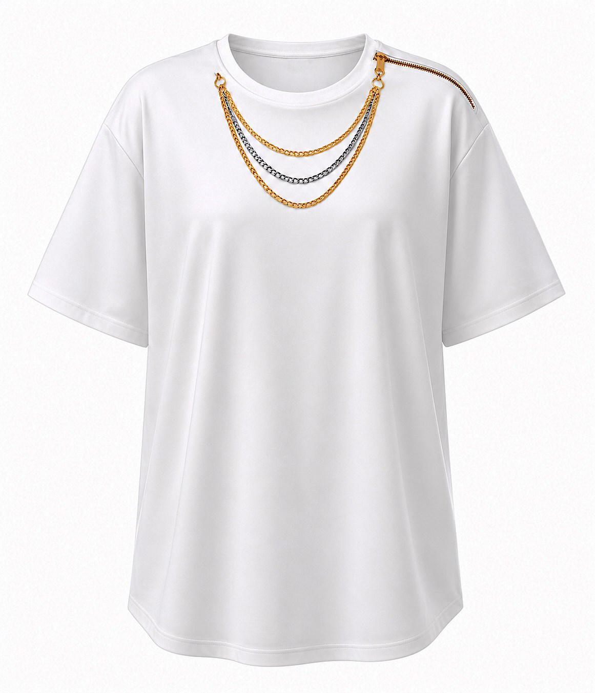 Marka Model Kolye Detaylı Fermuarlı Tshirt Beyaz