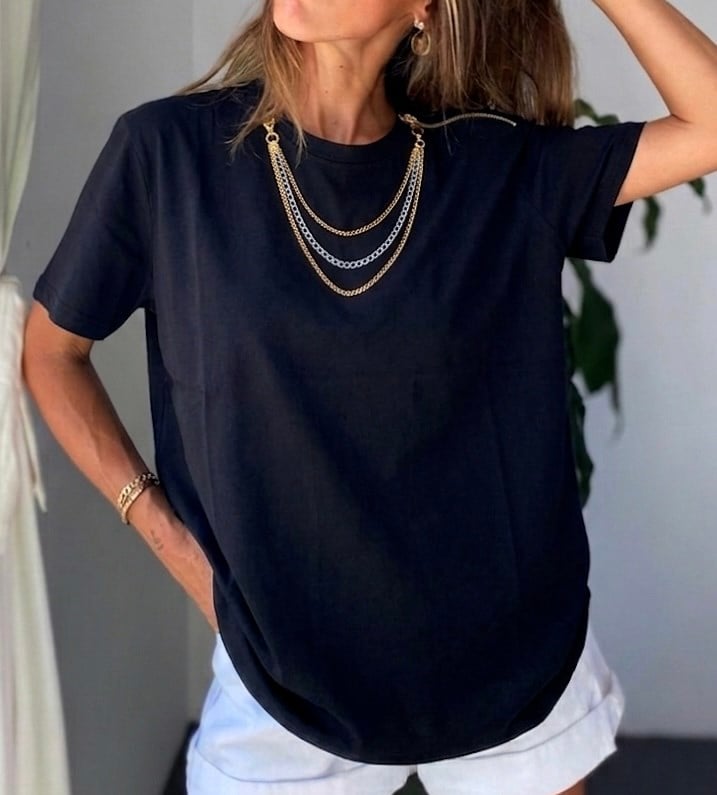 Marka Model Kolye Detaylı Fermuarlı Tshirt Siyah