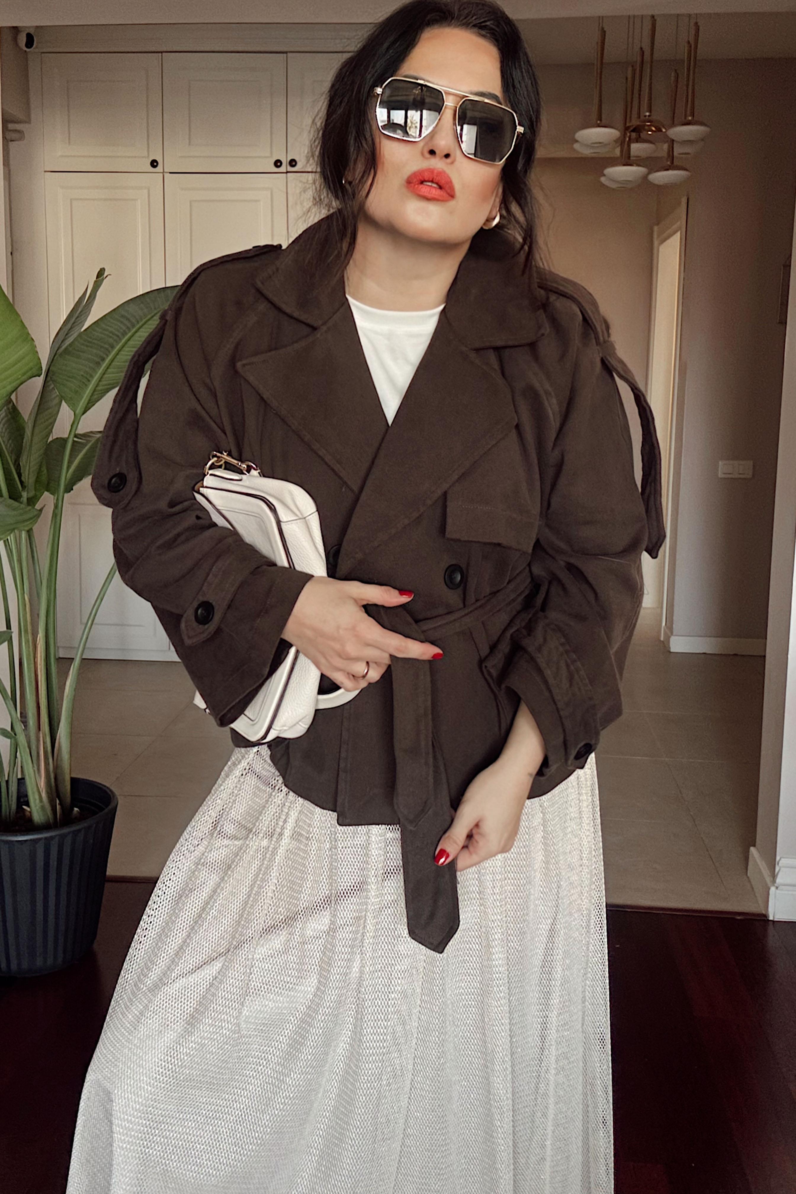 Marka Model Kuşaklı Gabardin Kısa Trençkot Acı Kahve
