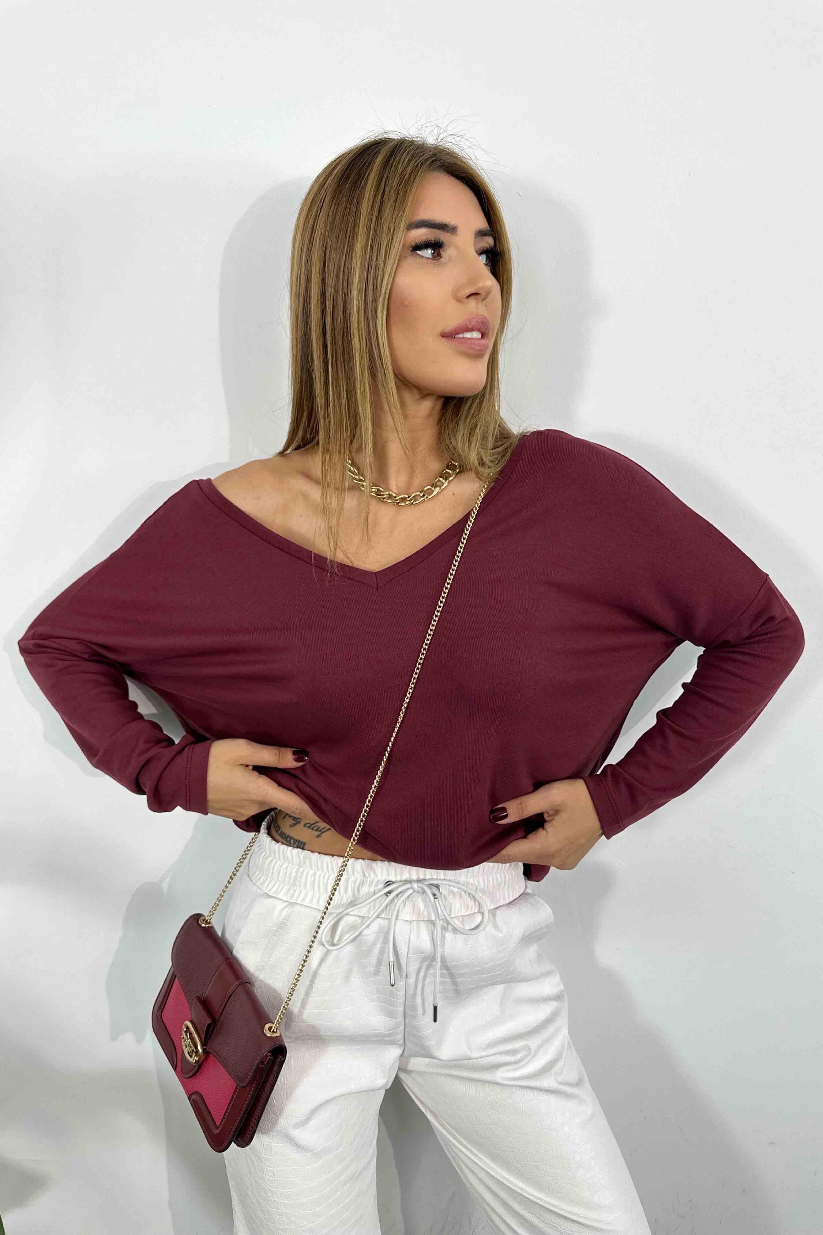 Ön Arka V Yaka Basıc Bluz Bordo