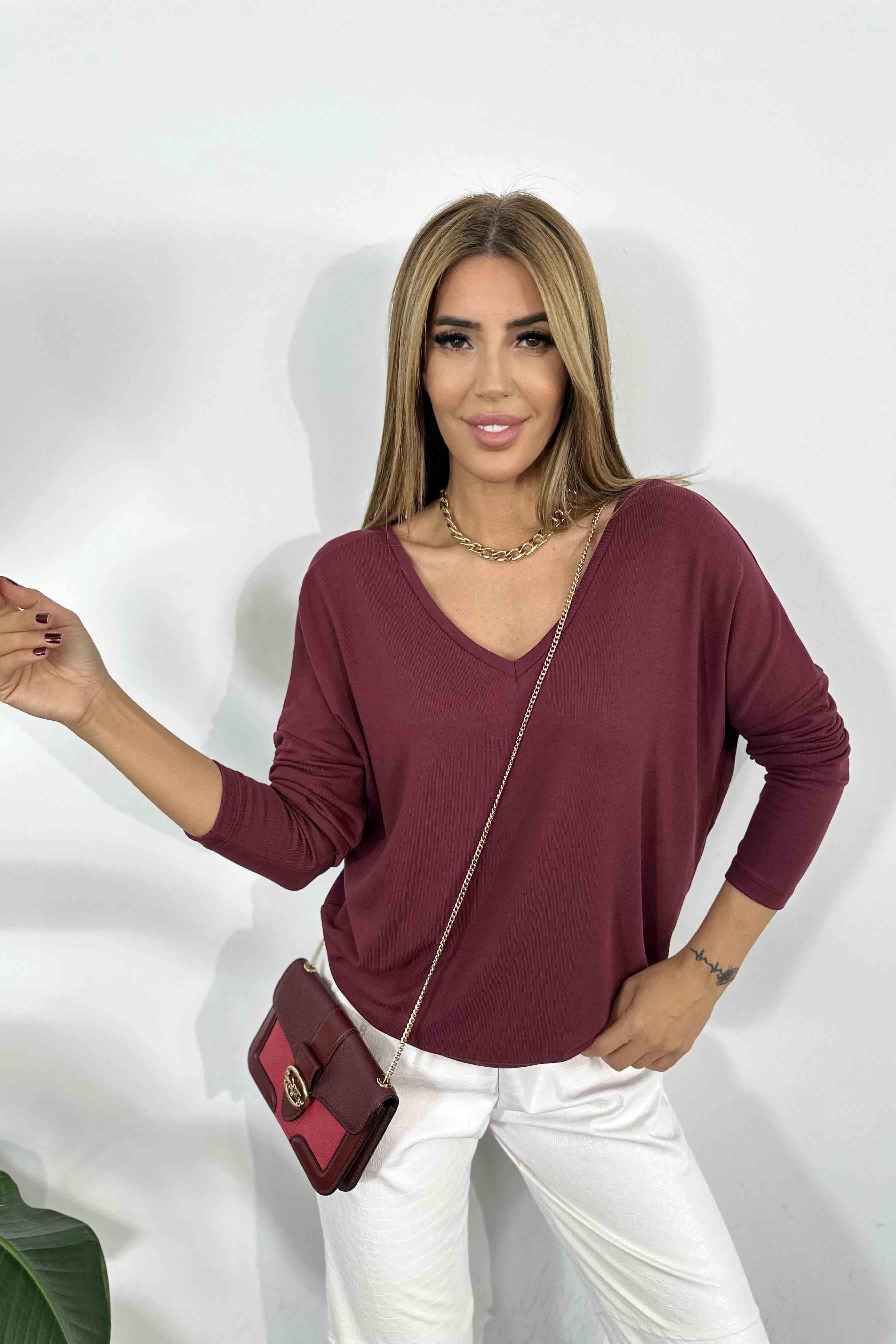 Ön Arka V Yaka Basıc Bluz Bordo
