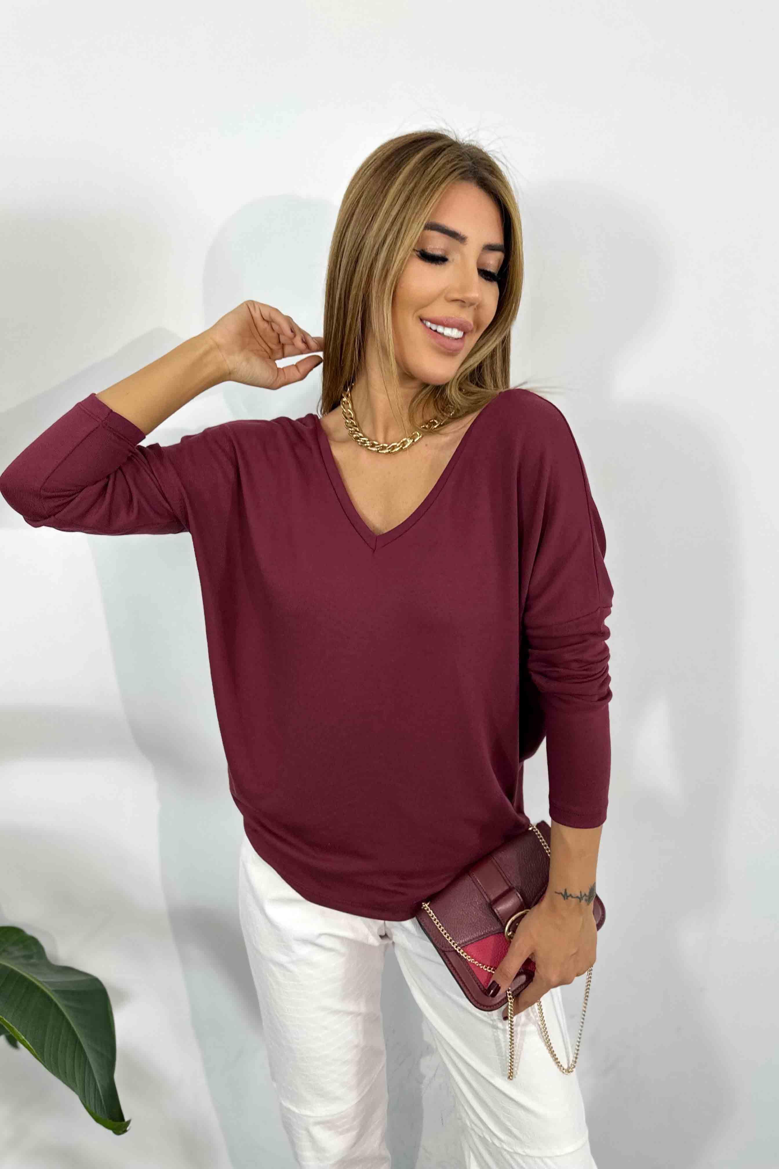 Ön Arka V Yaka Basıc Bluz Bordo