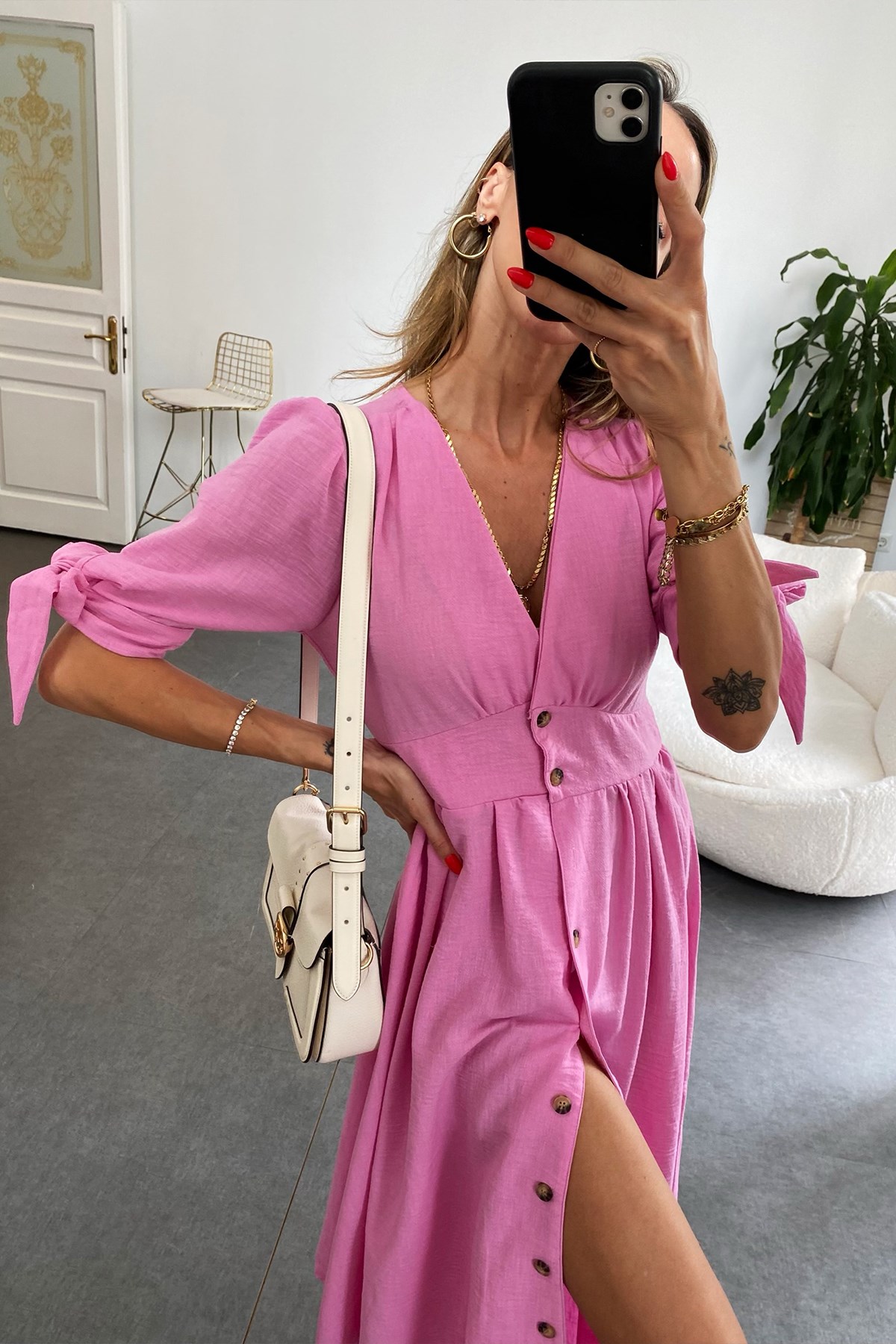 Önden Düğmeli Basic Midi Elbise Pembe