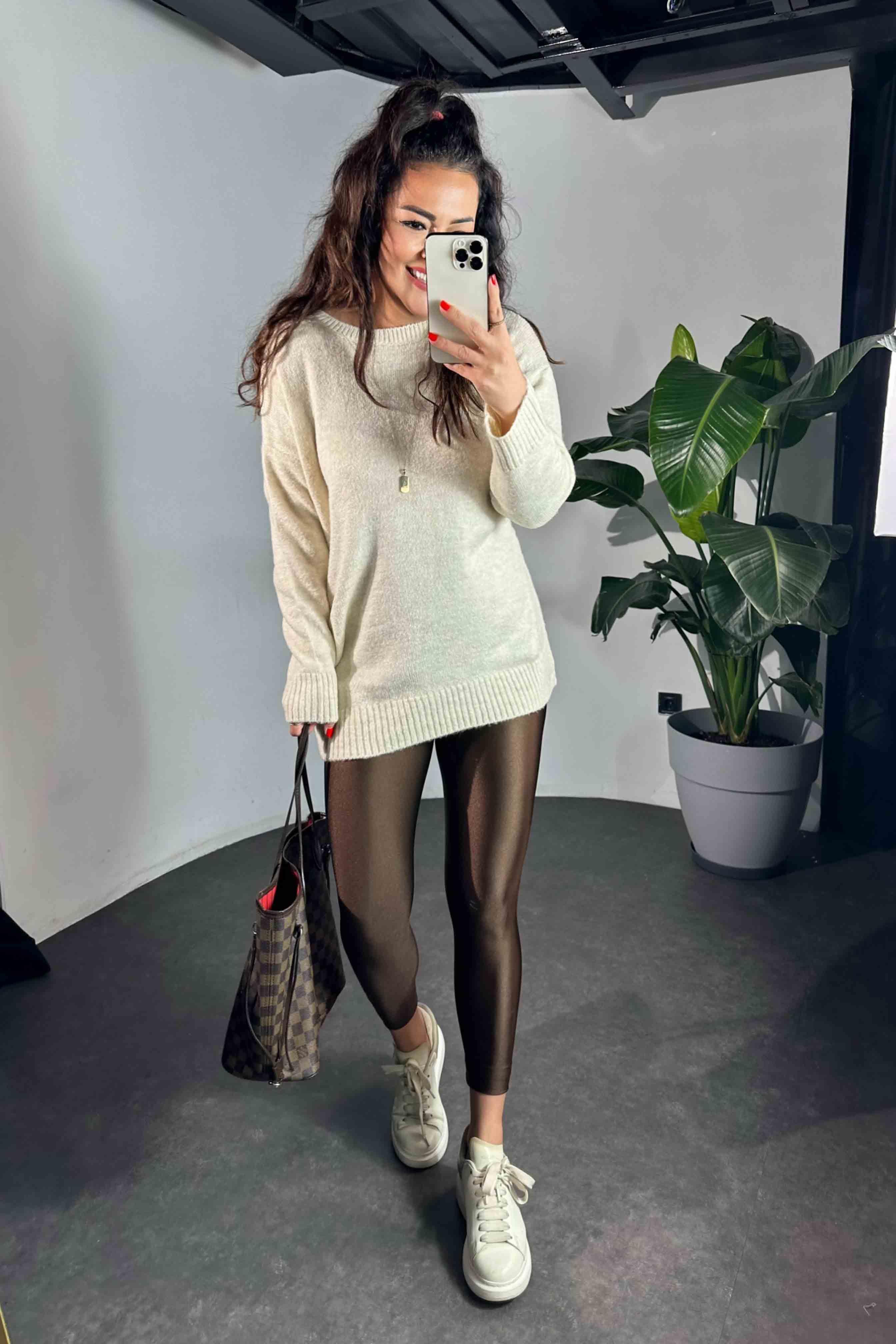 Orjinal Model Yüksek Bel Disco Kadın Tayt Acı Kahve