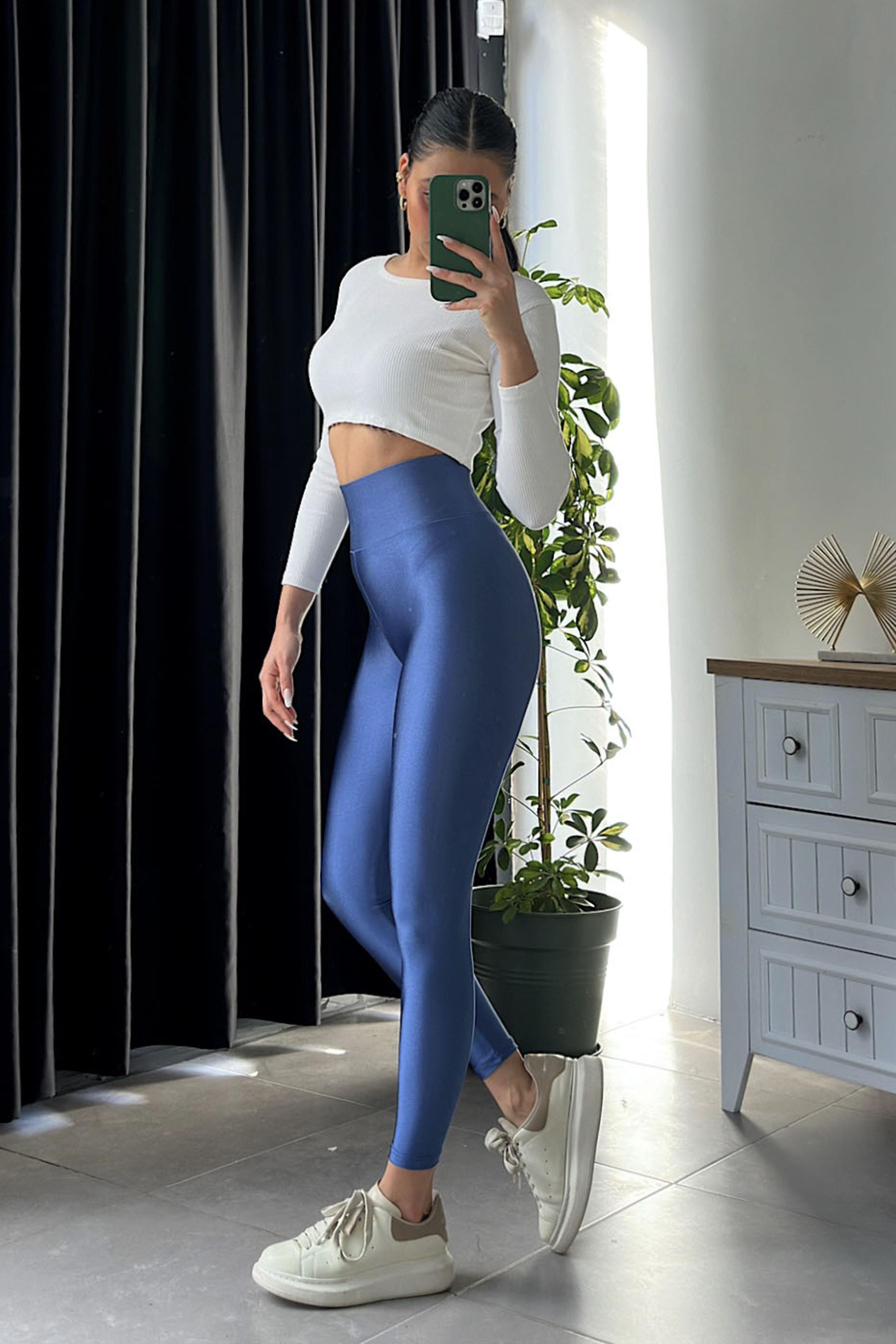 Orjinal Model Yüksek Bel Disco Kadın Tayt İndigo Mavi