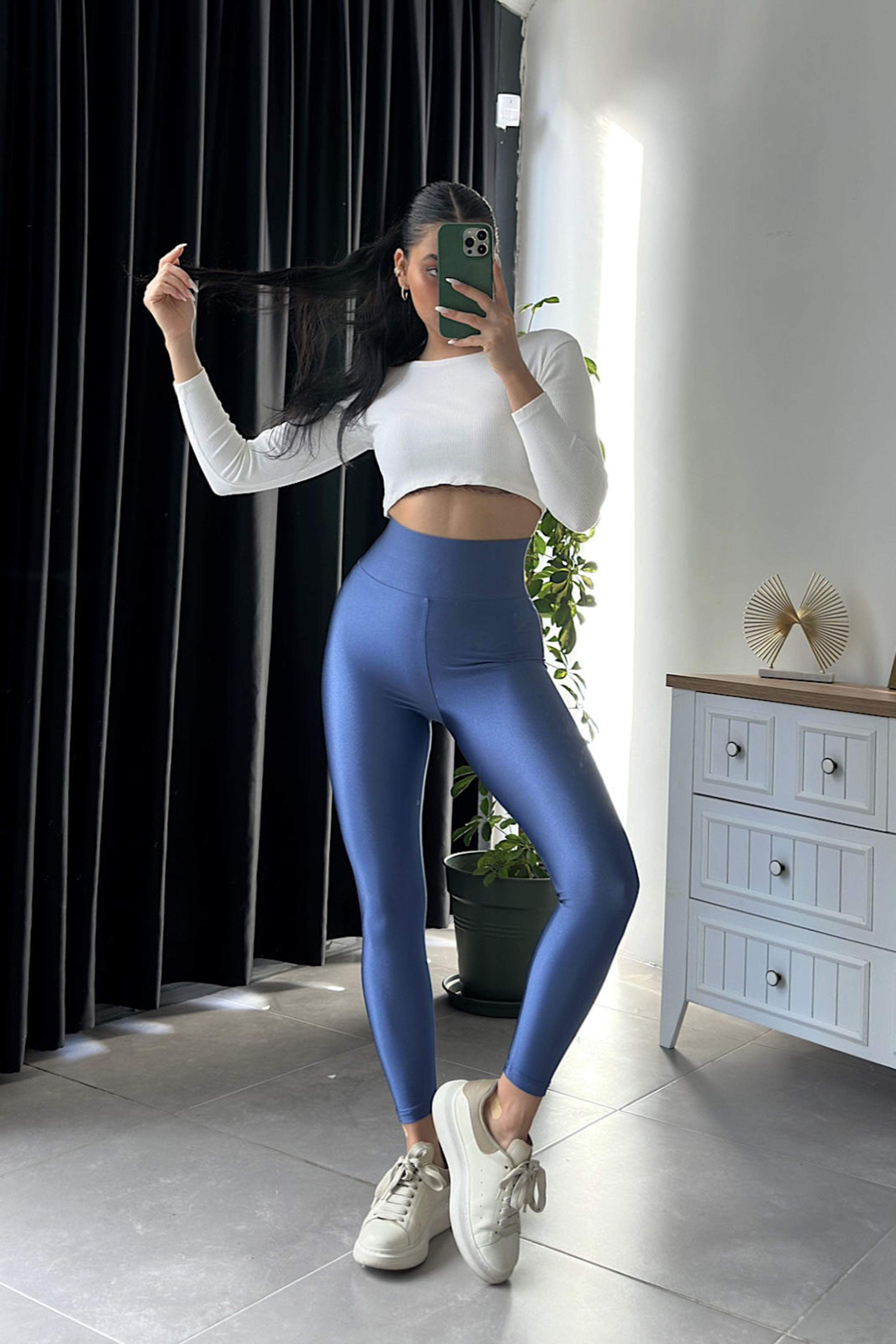 Orjinal Model Yüksek Bel Disco Kadın Tayt İndigo Mavi