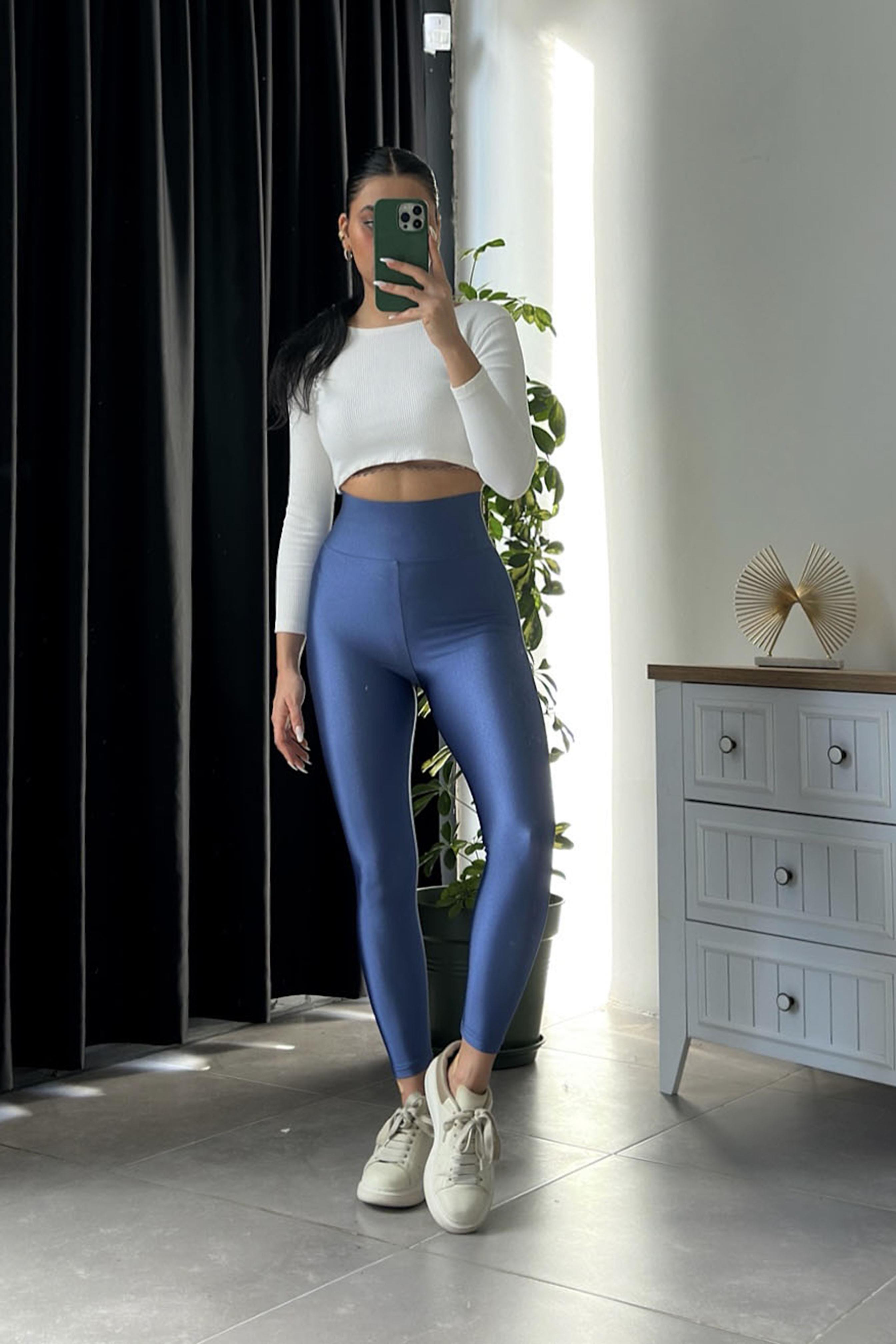 Orjinal Model Yüksek Bel Disco Kadın Tayt İndigo Mavi