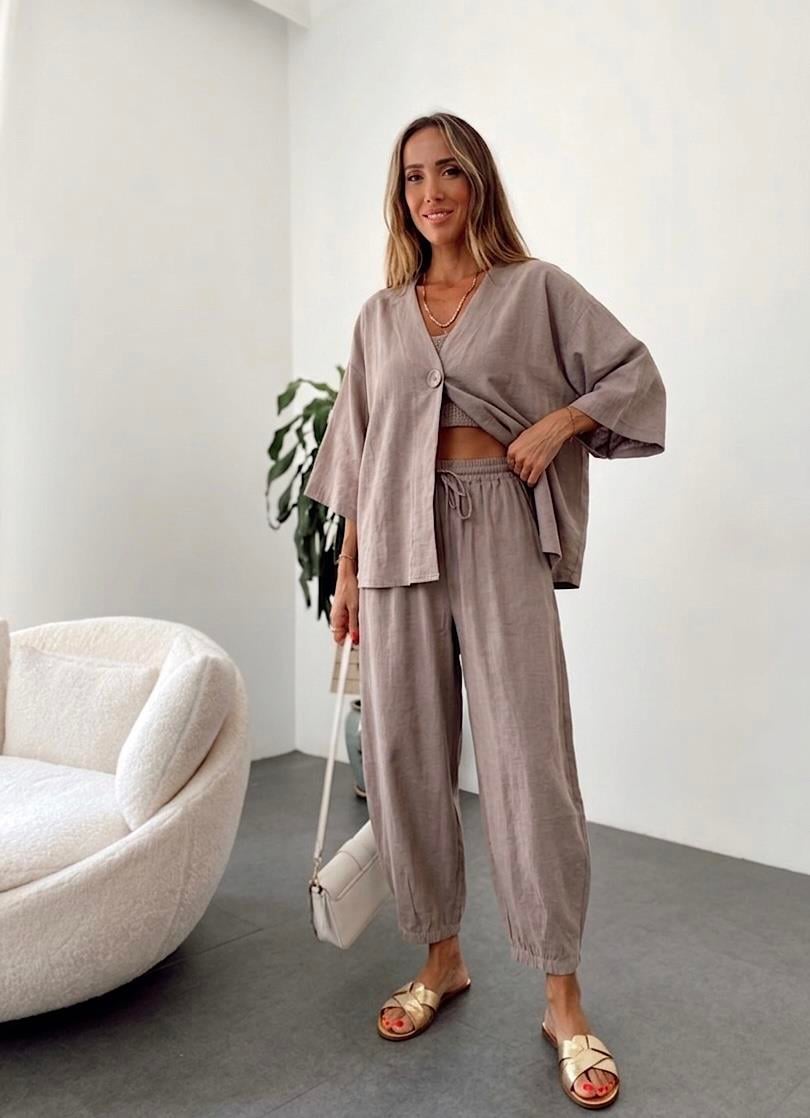 Oversize Tensel Gömlek Pantolon Takım Vizon