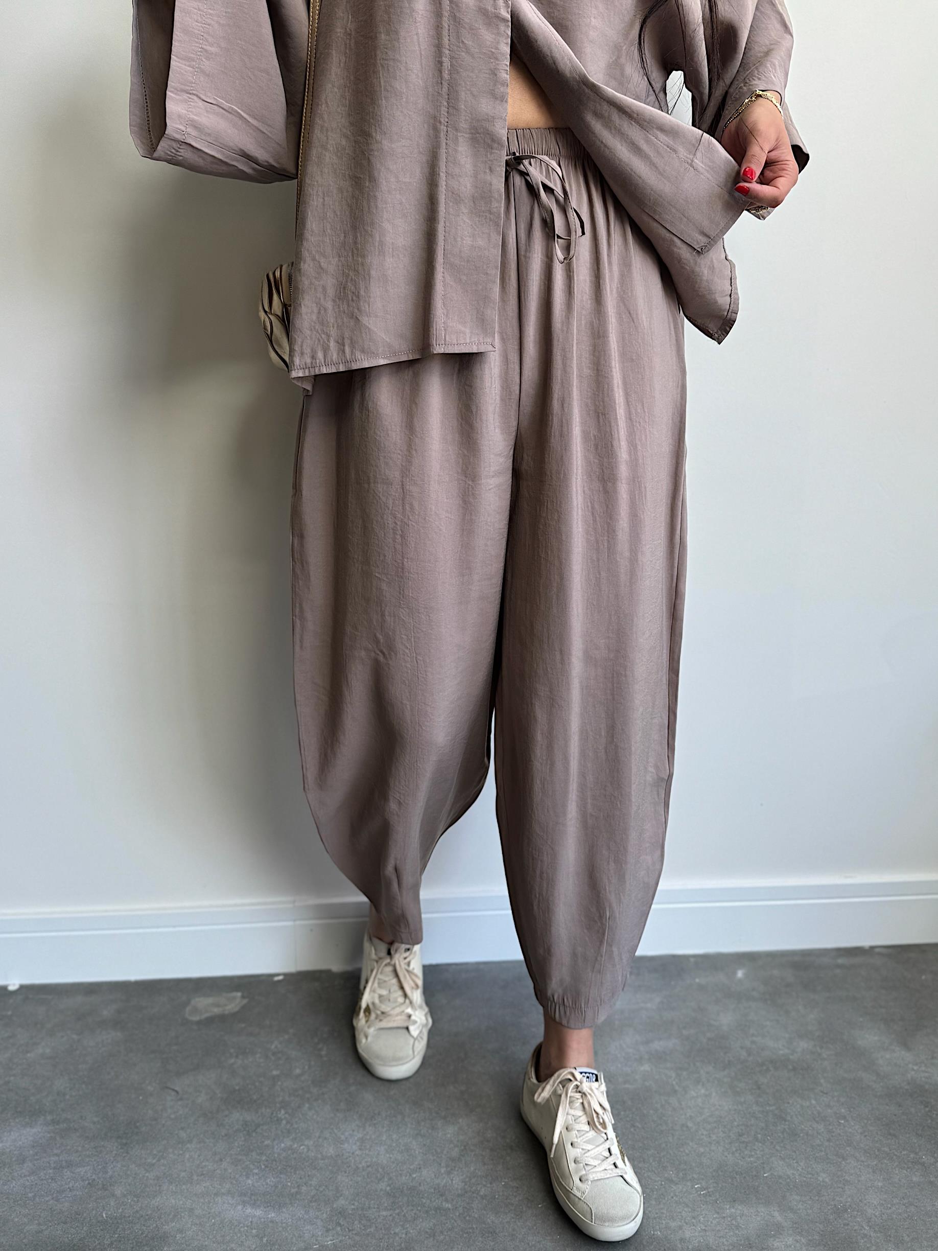 Oversize Tensel Gömlek Pantolon Takım Vizon