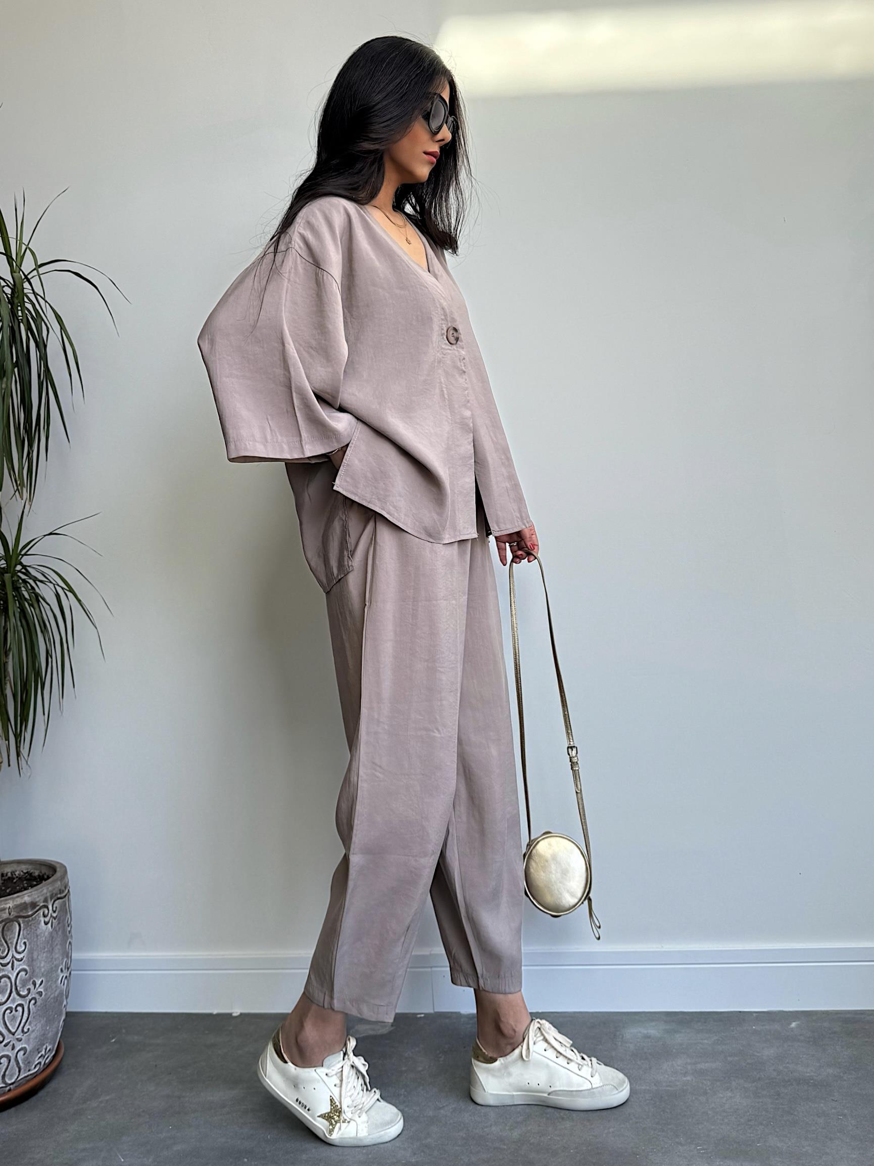 Oversize Tensel Gömlek Pantolon Takım Vizon