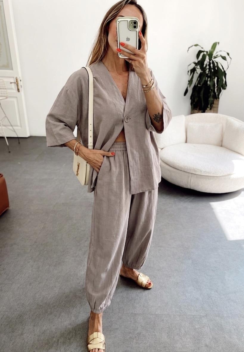 Oversize Tensel Gömlek Pantolon Takım Vizon